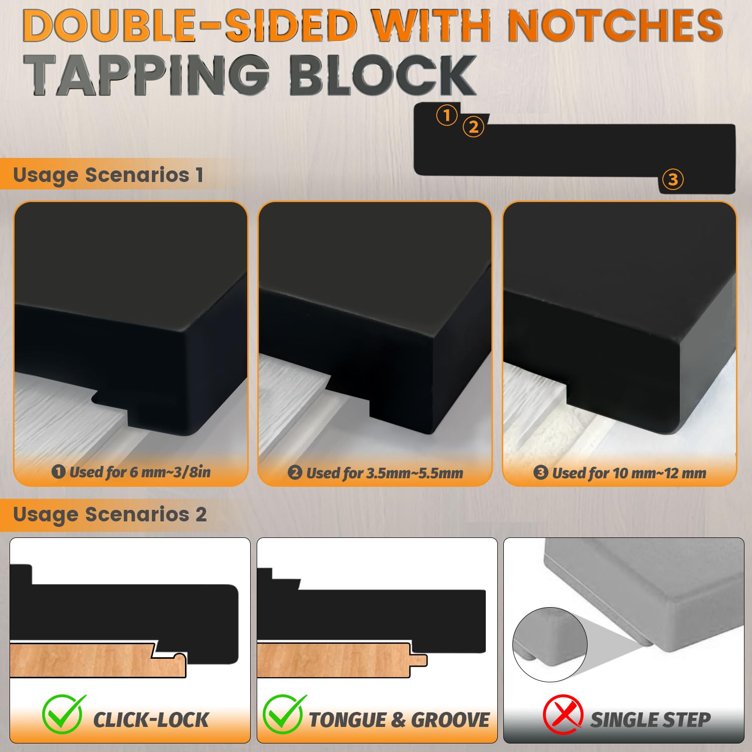 Tapping Block for Vinyl Plank Flooring, NAACOO 3 Edges - Meet Different Floor Thickness. Double Sided with Notches - Use for Tongue&Groove or Click-Lock Floor, Universal Laminate/Vinyl Flooring Tools.