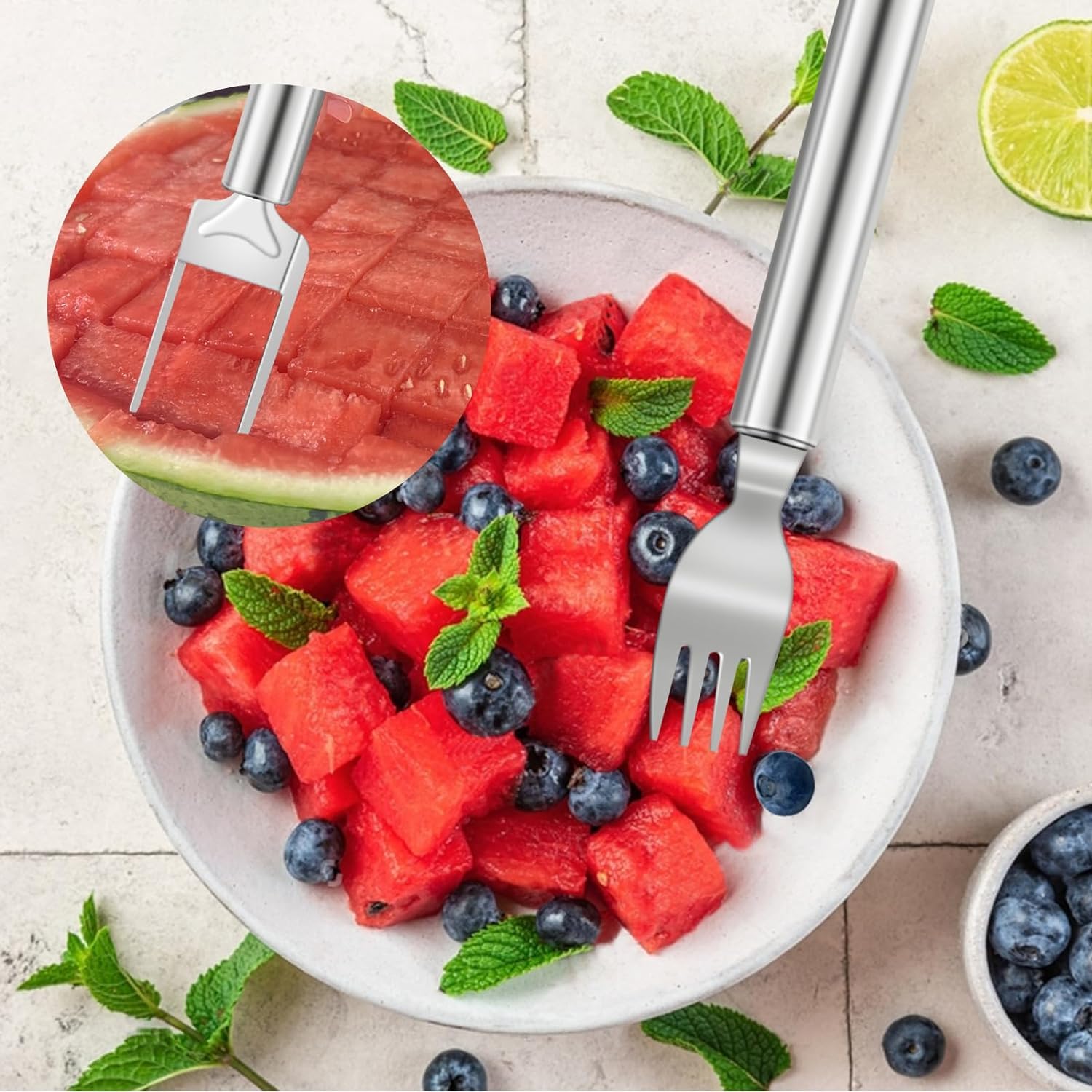 2Pcs Watermelon Cutter Slicer Tool, Stainless Steel 2-in-1 Watermelon Fork Slicer, Portable Watermelon Fork Watermelon Cutter Slicer Tool Fruit Forks Slicer for Home Party Camping Kitchen (2, Silver)