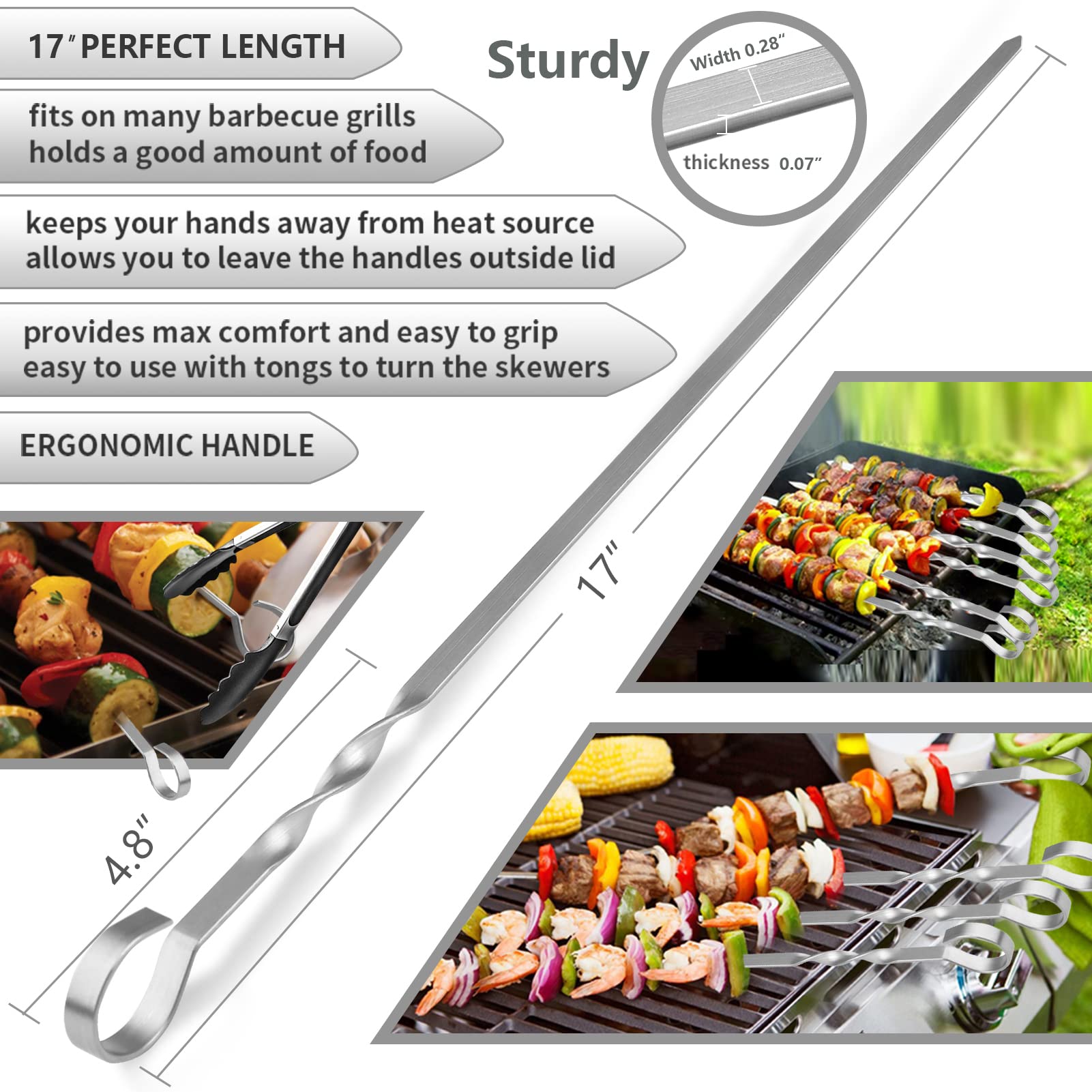 Skewers - 17" Kabob Skewers for Grilling, Metal Sticks for Kabobs Stainless Steel Flat Long Shish Kebab Reusable Grill BBQ Barbecue Sticks for Meat Chicken Vegetable, 12 Pack Bonus 14 Inch