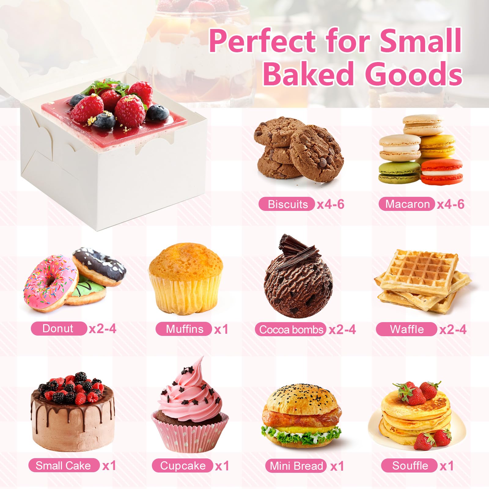 ZYFOTZUN 26pcs White Cookie Boxes with Window, 4x4x2.5 Inches Small Bakery Boxes with 36pcs Stickers, for Mini Cake Cookies Treat Dessert Pastry Donuts Macaroon Strawberries Chocolate Cupcakes Candy