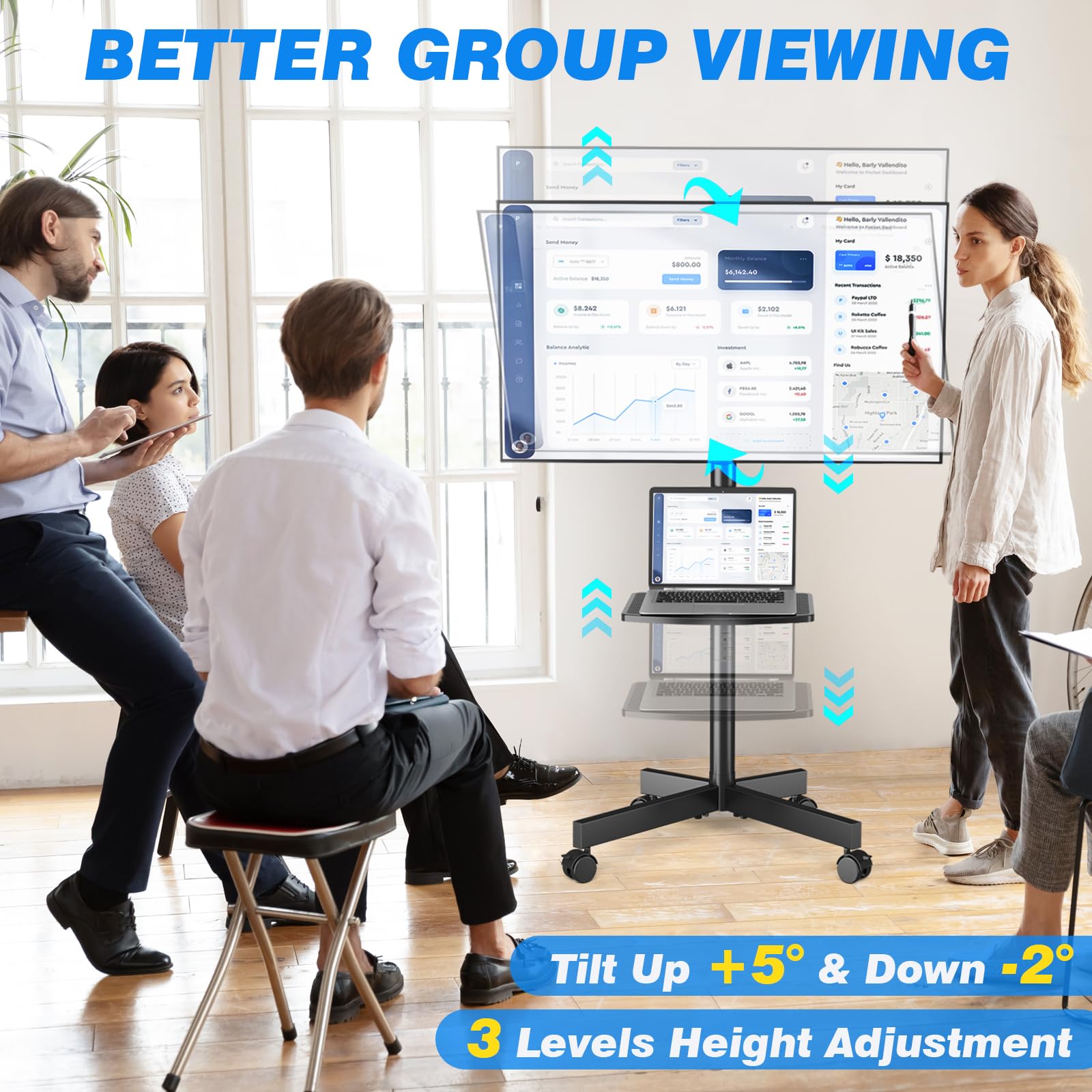 Rfiver Mobile TV Stand for 23-60 Inch LCD LED Flat/Curved Panel Screen TVs up to 88 lbs, Rolling TV Stand with Adjustable Shelf & Tilt, Portable Floor Stand on Wheels for Bedroom, Living Room, Office