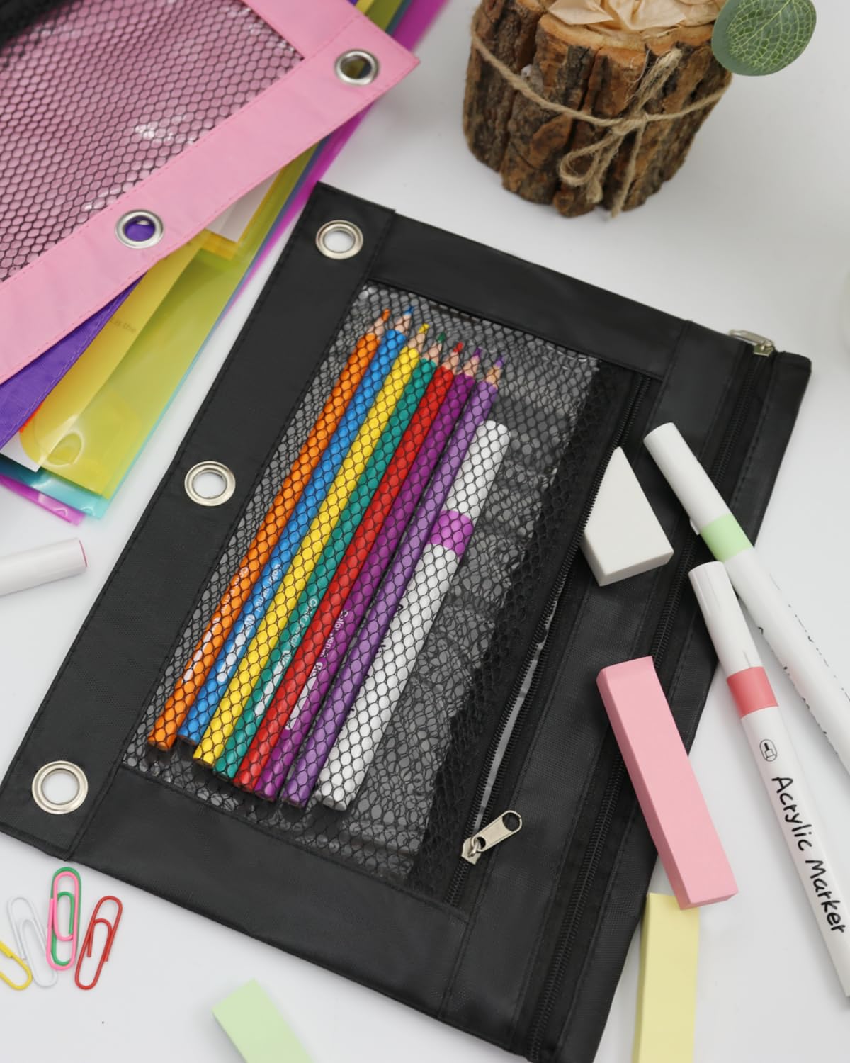 INNOIO 3 Ring Binder Pencil Pouch - School Pencil Case with 2 Zippered Pockets, Clear Mesh Window Pencil Bag, B5 Size, Back to School Gifts (Black)
