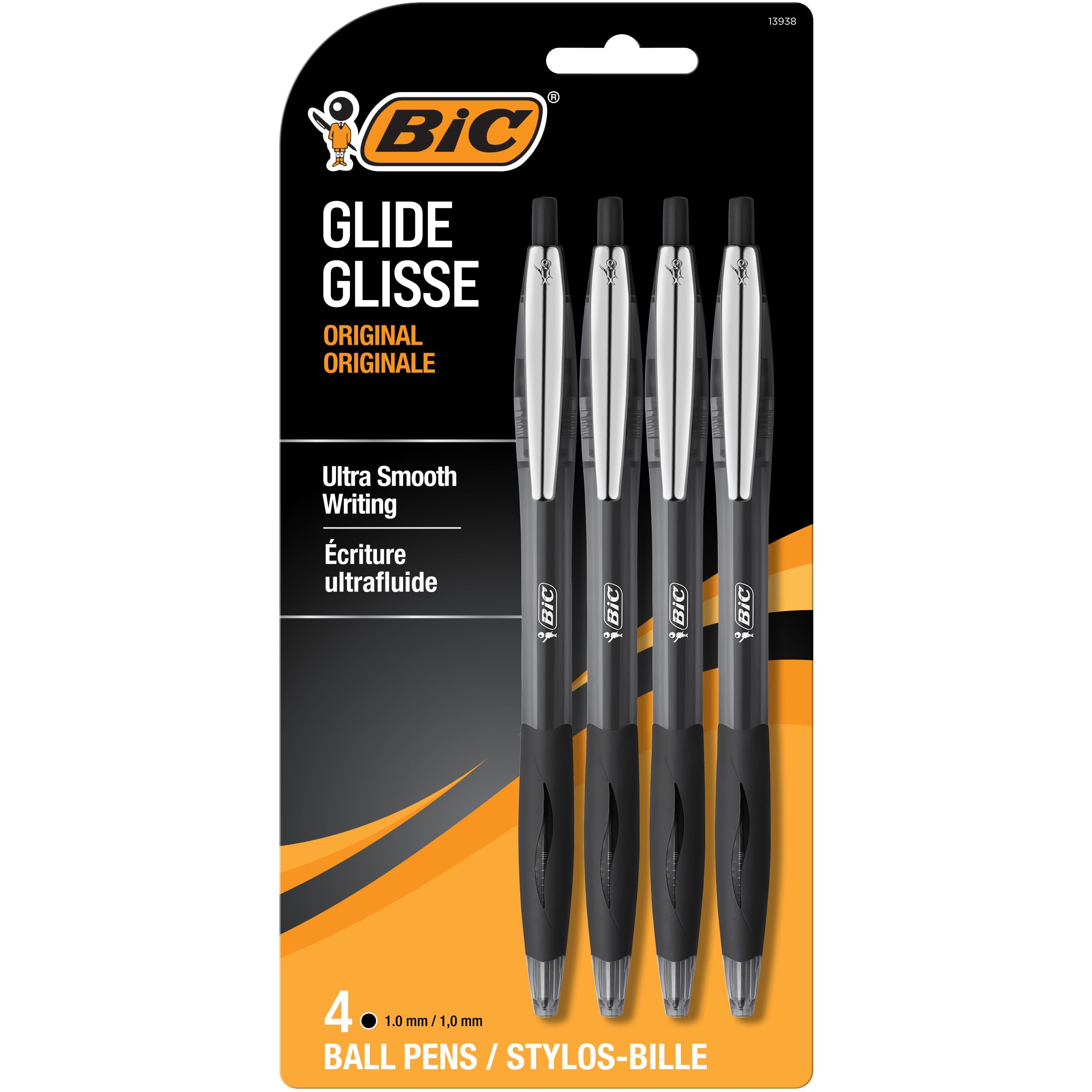 BIC Glide Black Retractable Ballpoint Pens, Medium Point (1,0 mm), 4er-Pack, extrasanft schreibende schwarze Kugelschreiber