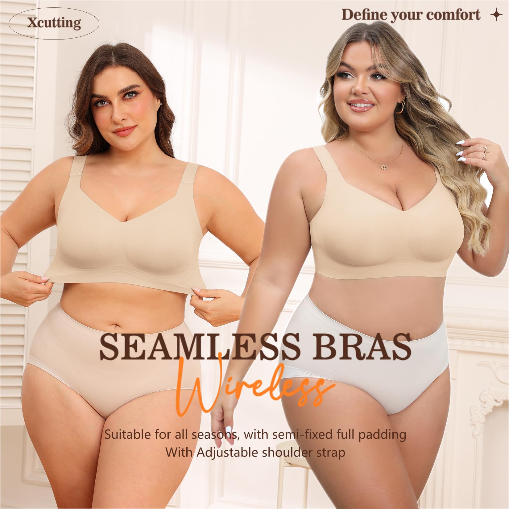 Xcutting Soft Sleep Wirefree Bras for Women Full Coverage No Underwire Wireless Bras Comfortable Sports Bras for Sagging Breasts Padded (Nude,2X-Large)