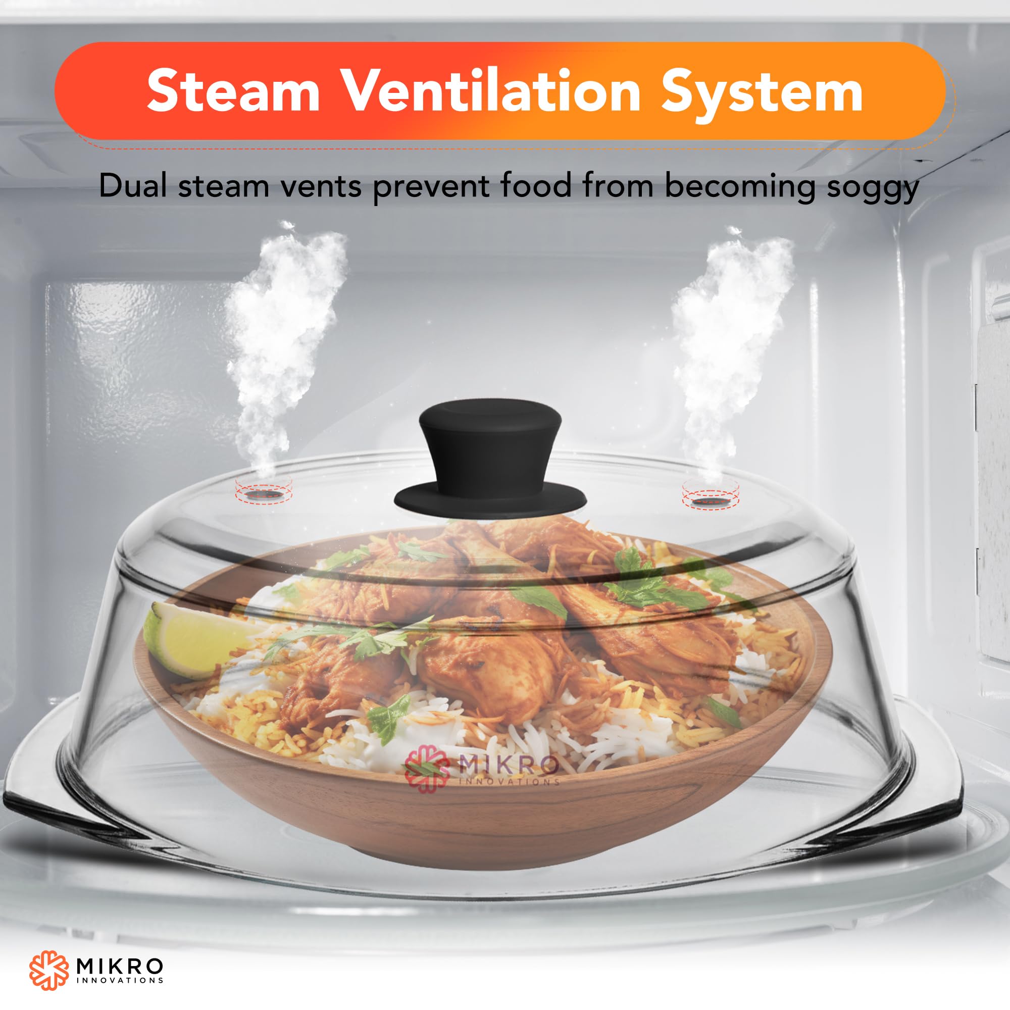 Tall Glass Microwave splatter cover | Sturdy clear 100% food safe BPA free glass lid with easy grip silicone handle | Heavy-duty glass for longer life, Dishwasher safe for easy cleaning - 10.5in