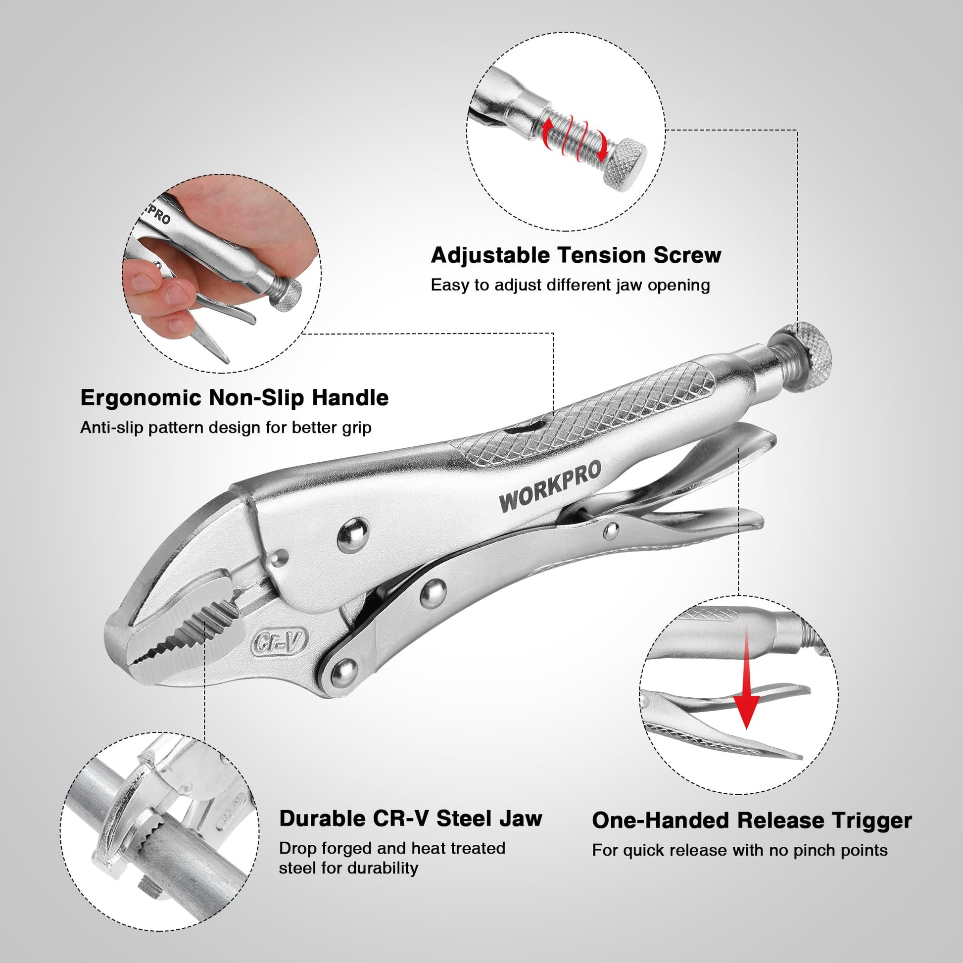 WORKPRO Locking Pliers, 10-inch Curved Jaw Vice Grips pliers, Chromium-Vanadium Steel Locking Pliers with Wire Cutter, Locking Adjustable Vise Grips for Clamping Twisting Welding