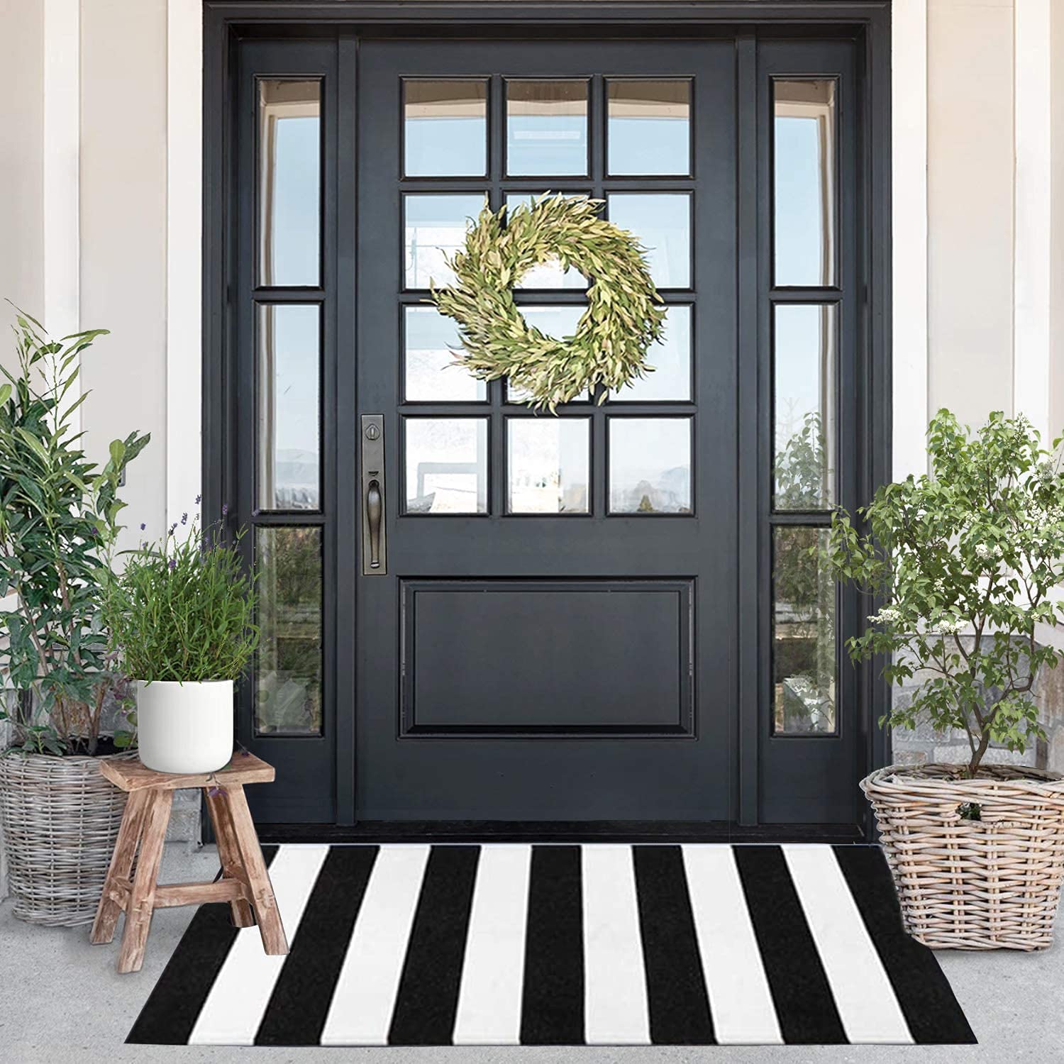KaHouen Black and White Striped Rug (23.6 x 51.2 Inches), Striped Layering Mats, Handmade Woven Indoor Outdoor Doormats Striped Rug for Kitchen/Laundry/Bathroom/Living Room