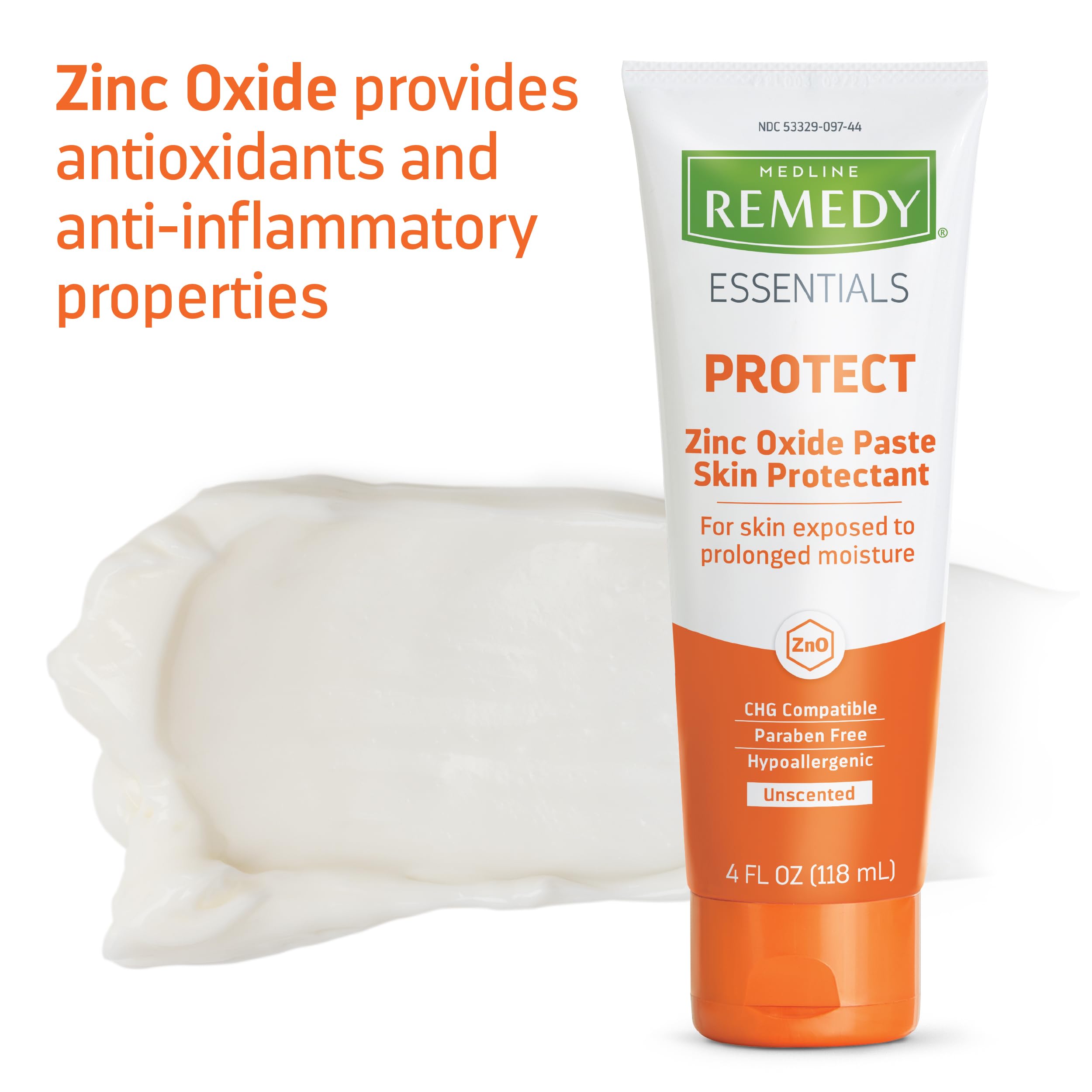 Medline Remedy Essentials Zinc Oxide Skin Protectant Paste (4 oz Tube), Unscented, Barrier, Incontinence Cream, Diaper Rash, Adults, Elderly, Hypoallergenic, Paraben Free