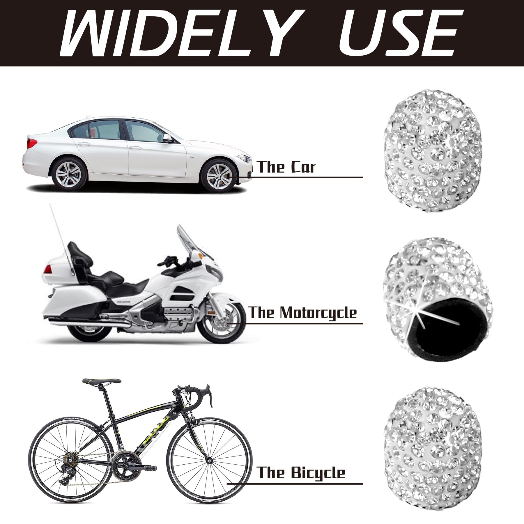 JUSTTOP 4 Pack Handmade Crystal Rhinestone Tire Valve Stem Caps, Wheel Tire Valve, Attractive Dustproof Bling Car Accessories, Universal for Cars, Trucks and Motorcycles-White