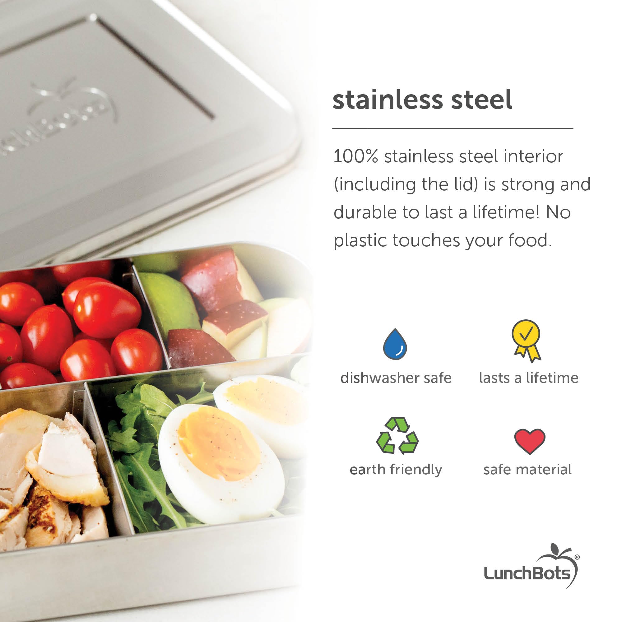 LunchBots Medium Trio II Snack Container - Divided Stainless Steel Food Container - 3 Sections for Snacks On the Go, Dishwasher Safe - Stainless Steel