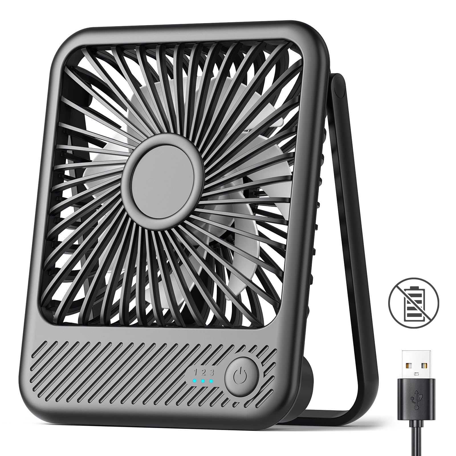 Koonie USB Fan, Strong Wind Ultra Quiet Small Desk Fan 220° Tilt Folding 3 Speeds Adjustable USB-C Corded Powered Personal Fan for Home Office Desktop Black