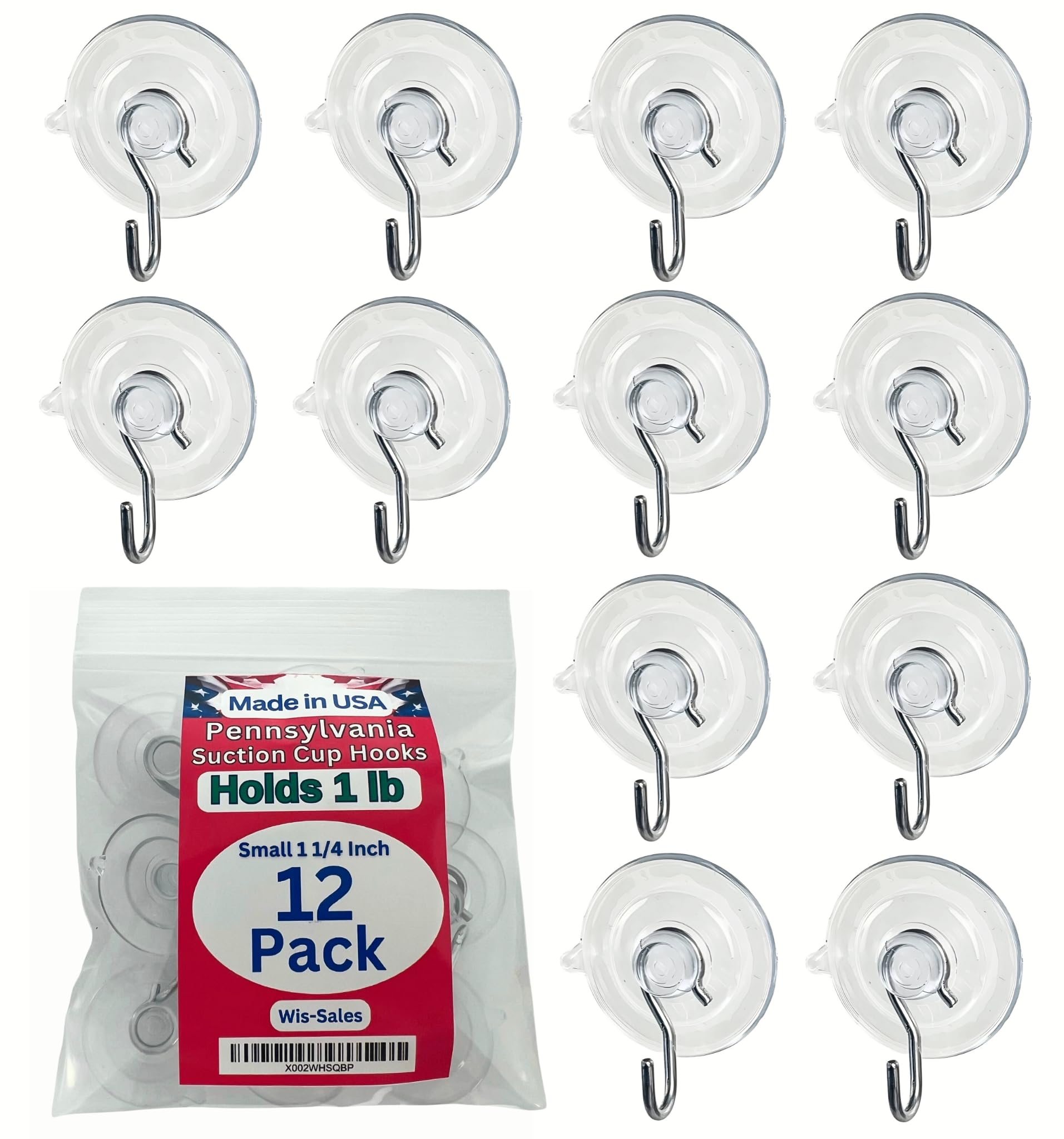 12 Pak Small 1 1/4-inch Pennsylvania Heavy Duty Suction Cup Hooks for Glass Windows. Signs Holiday Ornaments Suncatchers-(Holds 1 Pound)