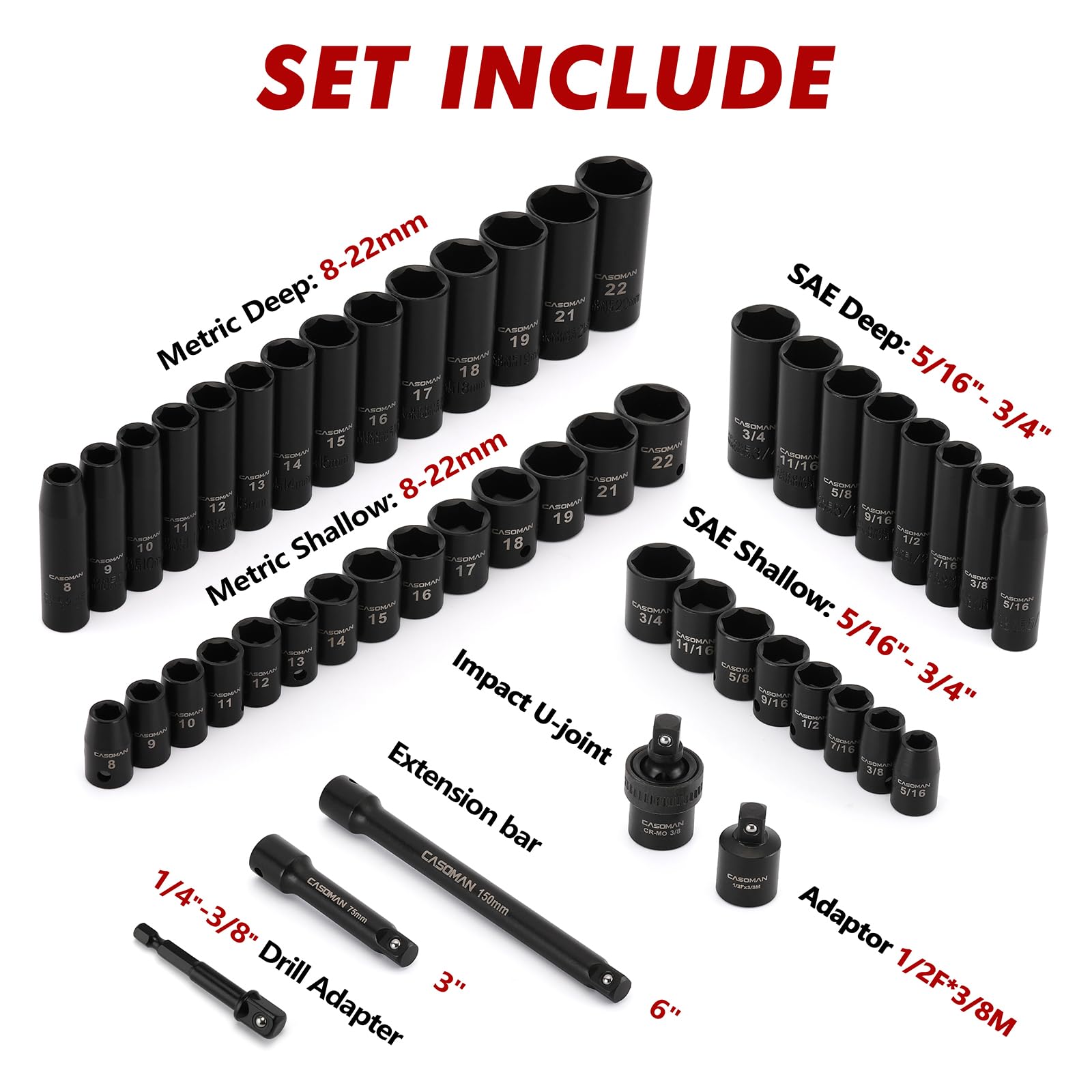 CASOMAN 3/8" Drive Impact Socket Set, 49 Piece Standard SAE and Metric Sizes (5/16-Inch to 3/4-Inch and 8-22 mm), 6 Point, Cr-V Steel Socket Set