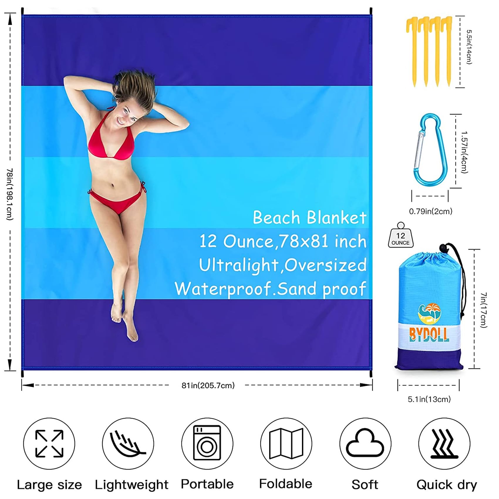 BYDOLL Beach Blanket 78''×81'' 4-7 Adults Oversized Lightweight Waterproof Sandproof Beach Blanket Large Picnic Mat for Travel Camping Hiking Picnic(78" X 81", Blue-Mixed)