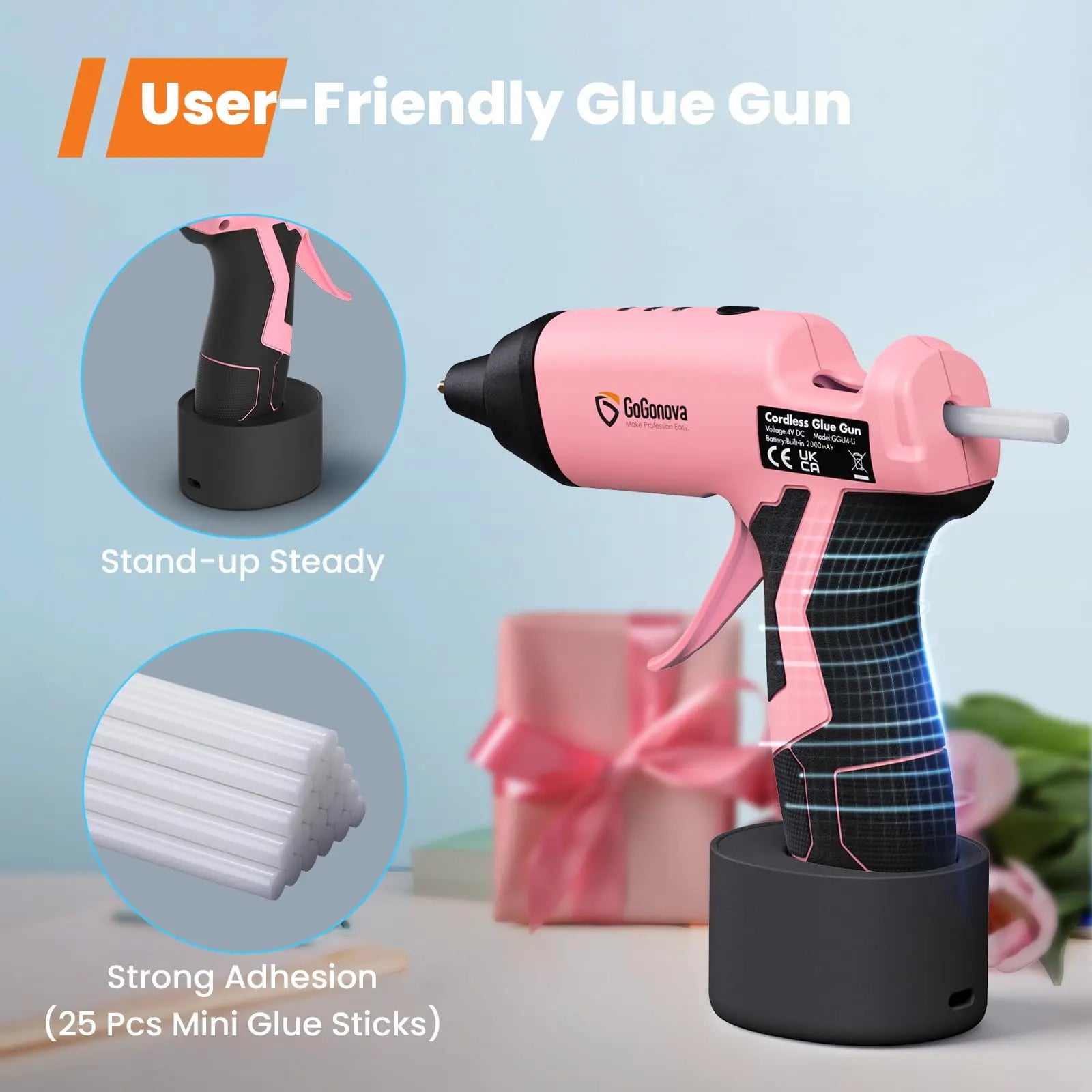 GoGonova Cordless Glue Gun, 15s Fast Preheating 2Ah Cordless Hot Glue Gun with 25 Pcs Premium Mini Glue Gun Sticks, USB-C Battery Rechargeable Hot Glue Gun, Smart Power-Off, Pink