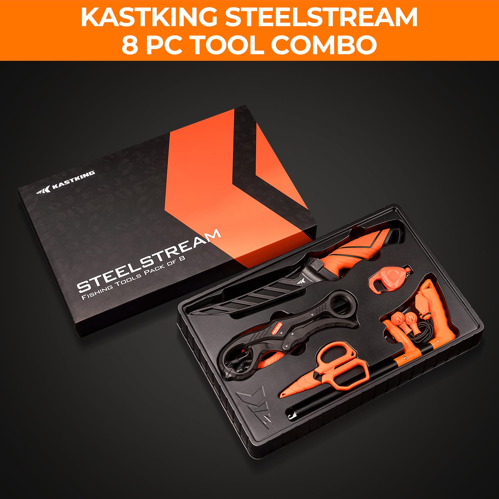 KastKing SteelStream 8pc Fishing Tool Kit - Fishing Pliers with Lanyard, Fillet Knife, Floating Fish Lip Gripper, Fishing Braid Scissors, Tool Retractor, Fishing Hook Remover, Bungee Cords