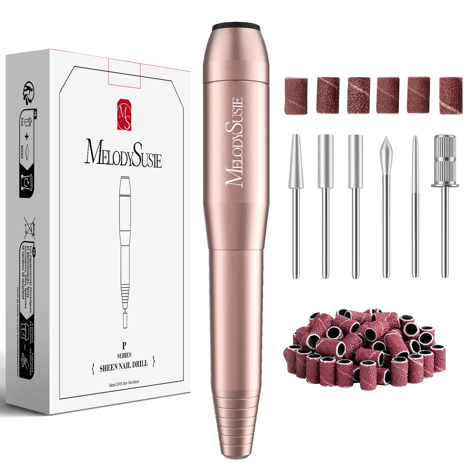 MelodySusie Electric USB Nail Drill Machine,PC120I Portable Electric Nail File Efile Set for Acrylic Gel Nails, Manicure Pedicure Tool with Nail Drill Bits Sanding Bands Gold