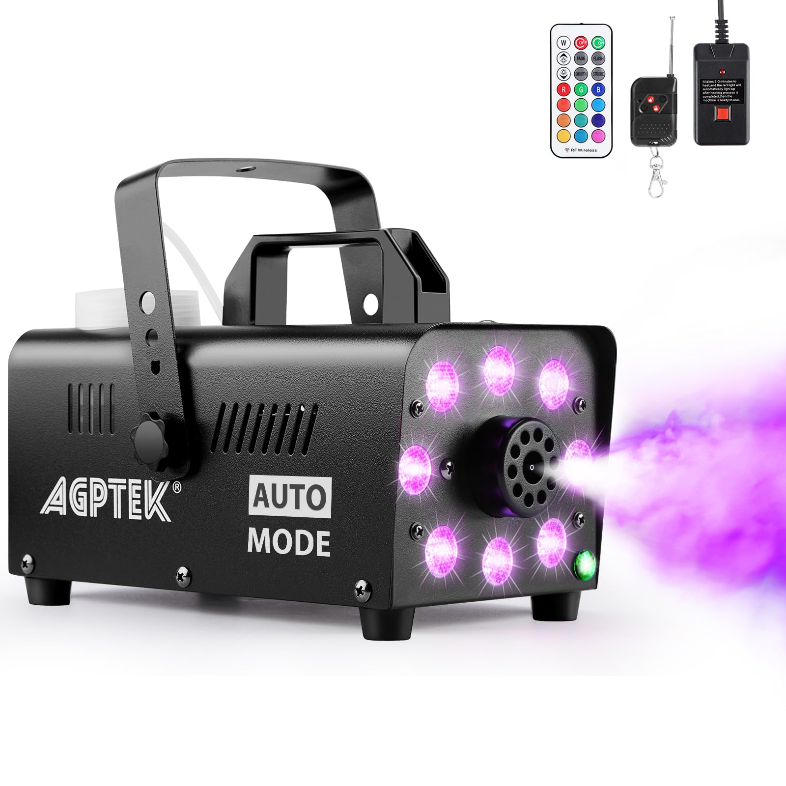 AGPTEK Fog Machine, Smoke Machine with 13 Colorful LED Lights Effect, Auto Mode 2000CFM Fog with 1 Wired Receiver and 2 Wireless Remote Controls, Perfect for Wedding, Halloween, Party and Stage Effect