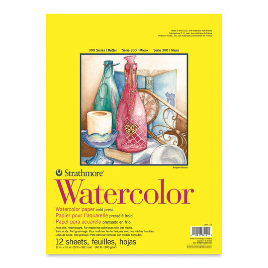 Strathmore 300 Series Watercolor Paper Pad, Tape Bound, 11x15 inches, 12 Sheets (140lb/300g) - Artist Paper for Adults and Students - Watercolors, Mixed Media, Markers and Art Journaling