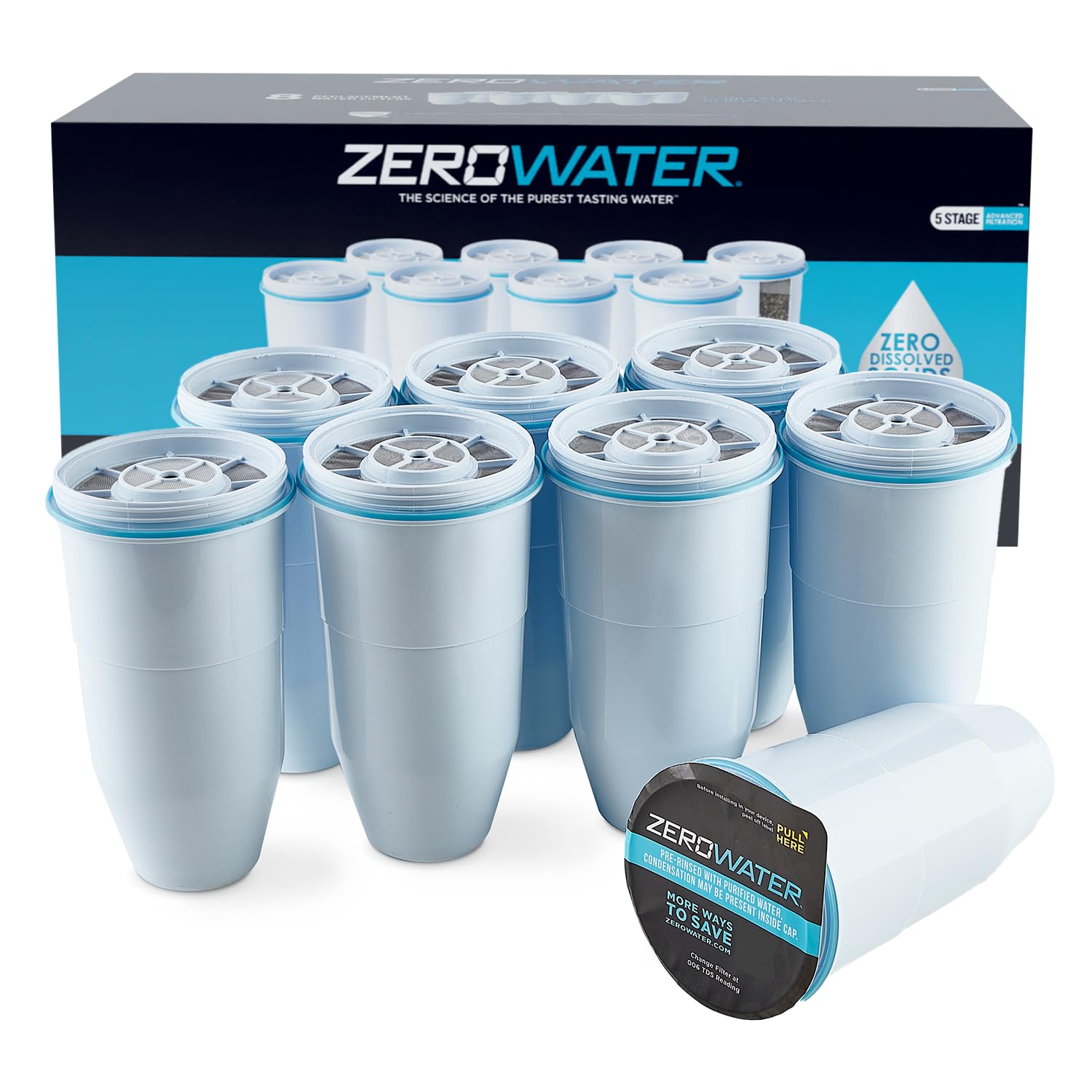 Culligan ZeroWater Official Replacement Filter - 5-Stage 0 TDS Filter Replacement - System IAPMO Certified to Reduce Lead, Chromium, and PFOA/PFOS, 8-Pack