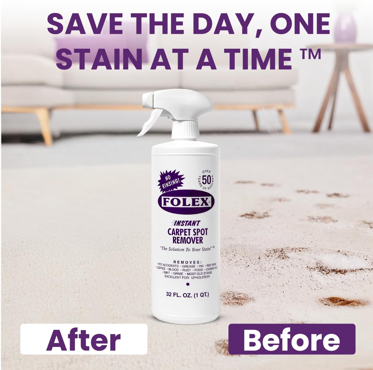 FOLEX Instant Carpet Spot Remover 32 oz – Powerful Stain Remover for Carpets, Upholstery & Rugs – Eliminates Pet Stains, Grease, Red Wine, Food, Makeup & More – With Reusable Cleaning Cloth – 1 Pack