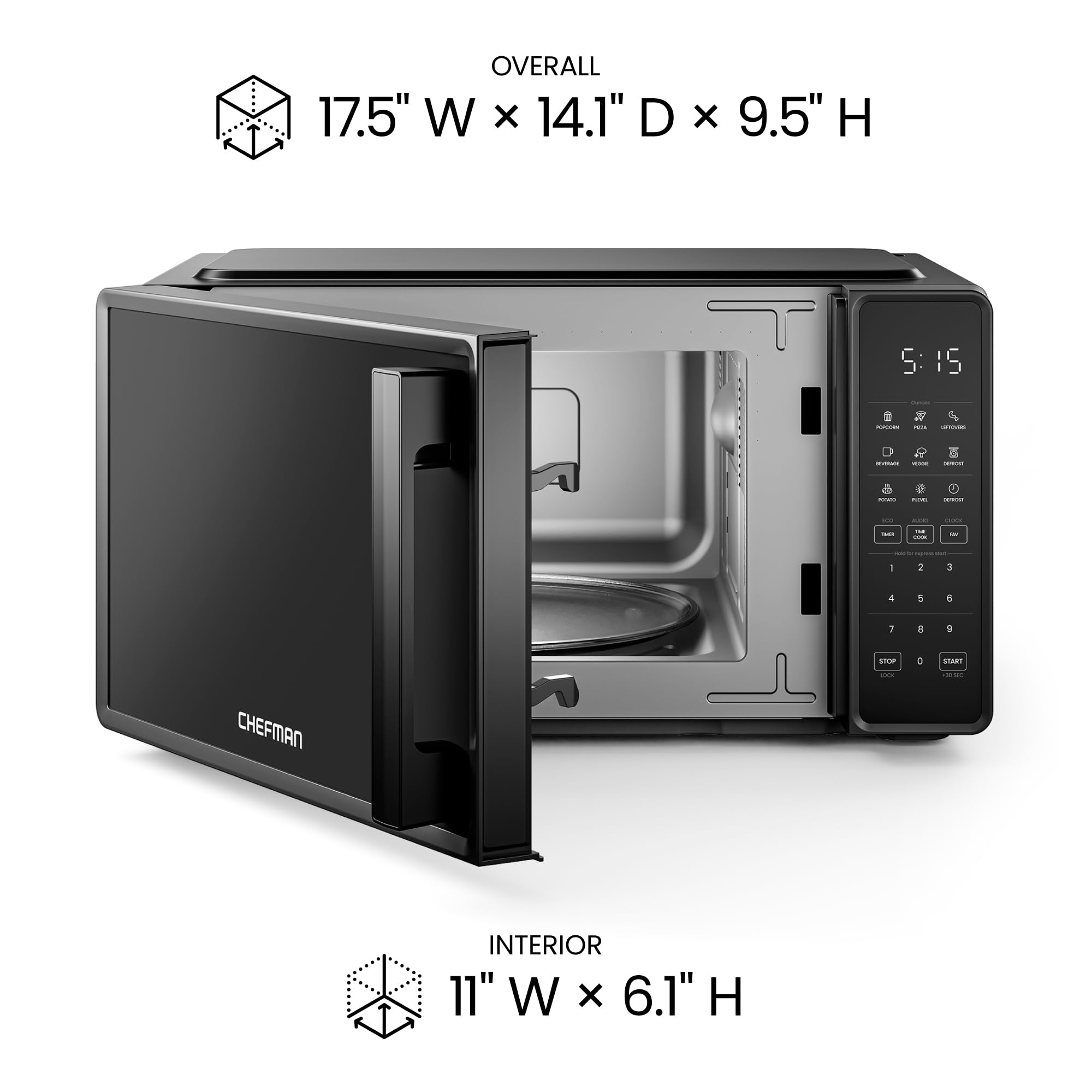 Chefman Countertop Microwave Oven 0.7 Cu. Ft., 700 Watts with 10 Power Levels, 6 Cooking Presets with One-Touch Express Cook, Eco Mode, Child Safety Lock, & Mute Button - Black