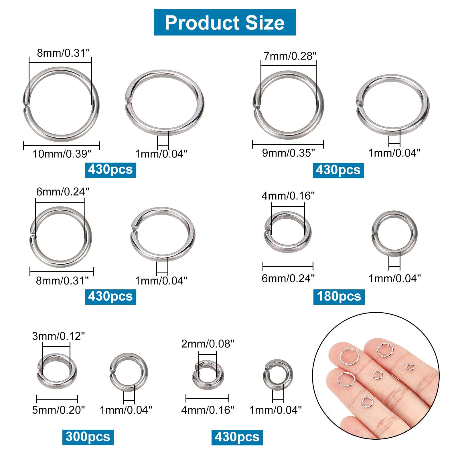 PH PandaHall 1000pcs 304 Stainless Steel Jump Rings, 18-Gauge Open Jump Ring 4/5/6/8/9/10mm Connector Rings O Ring Chainmail Rings for Earring Bracelet Necklace Jewelry Keychain DIY Craft Making