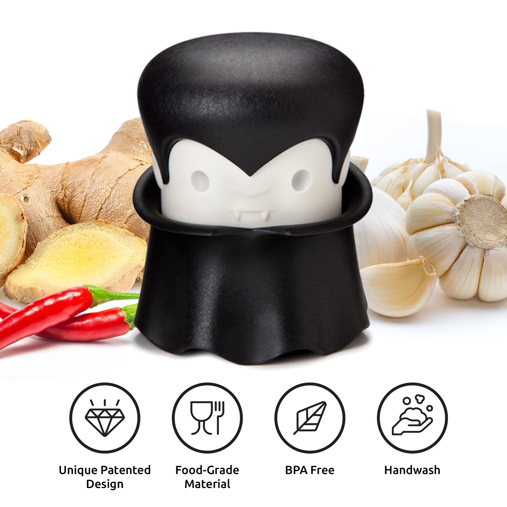 OTOTO Gracula Garlic Crusher, Garlic Peeler, Also for Ginger, Nuts, Chili, Herbs - Twist Top Mincer & Easy Squeeze Manual Press Peeler, Goth Gifts