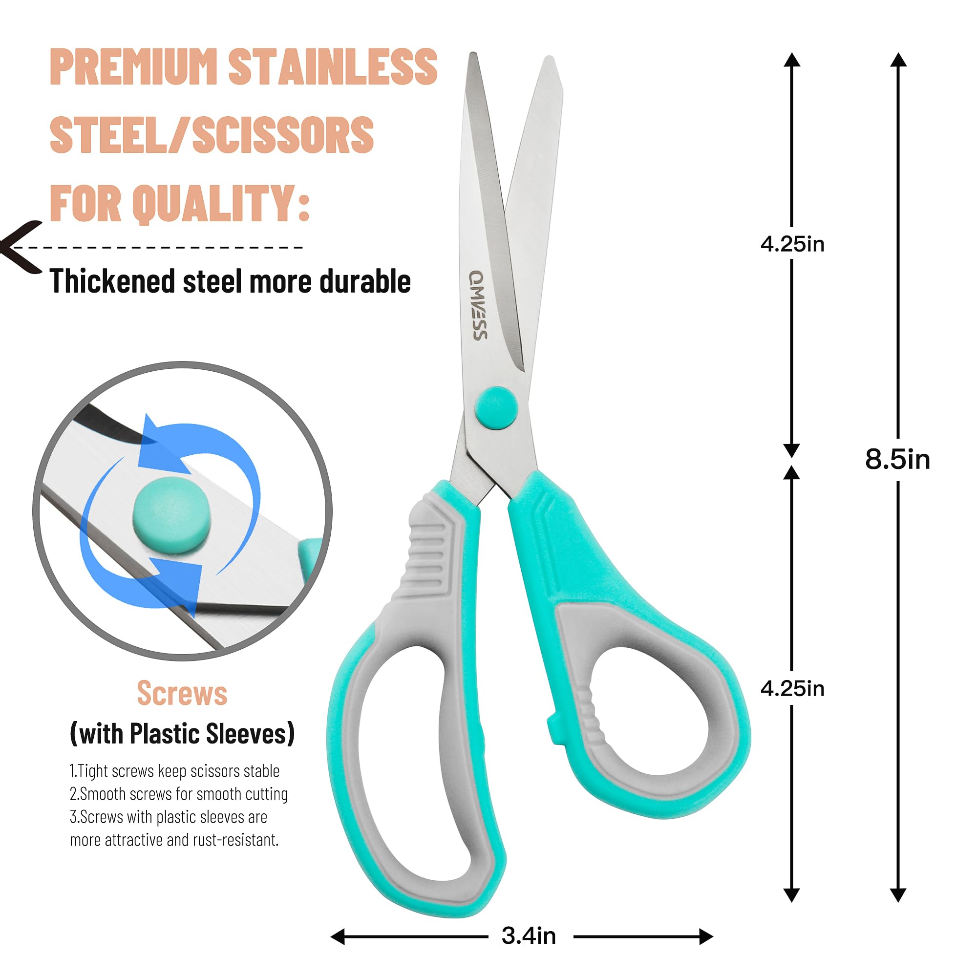 QMVESS 8.5" Scissors All Purpose 3 Pack, Ultra Sharp 2.5mm Thick Blade Scissors for Office, Professional Ergonomic Comfort Grip Scissors for Office School Home Fabric DIY Craft Cutting General Use