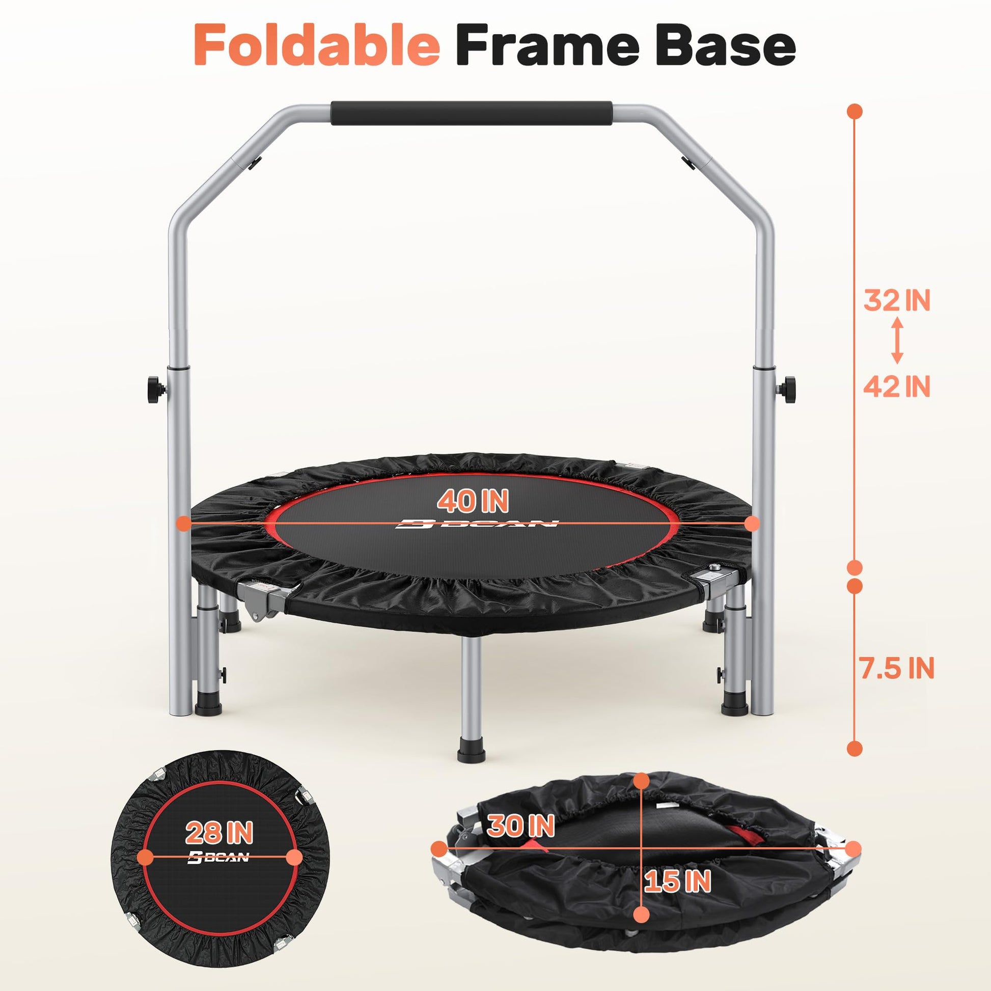 BCAN 40/48" Foldable Mini Trampoline Max Load 330lbs/440lbs, Fitness Rebounder with Adjustable Foam Handle, Exercise Trampoline for Adults Indoor/Garden Workout, Black