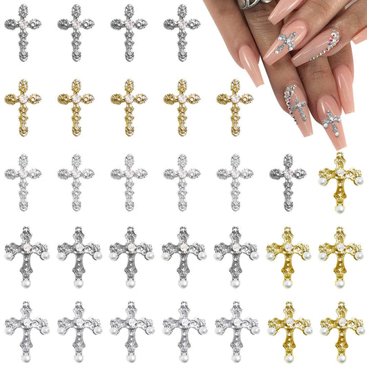 3D Cross Nail Charms, 30pcs Cross Nail Decorations for Nail Art, Pearl Gems Diamond Nail Decor, Metal Alloy Crystal Rhinestones Nail Studs for Women Girl DIY Jewelry Cellphone Crafts (Gold+Silver)