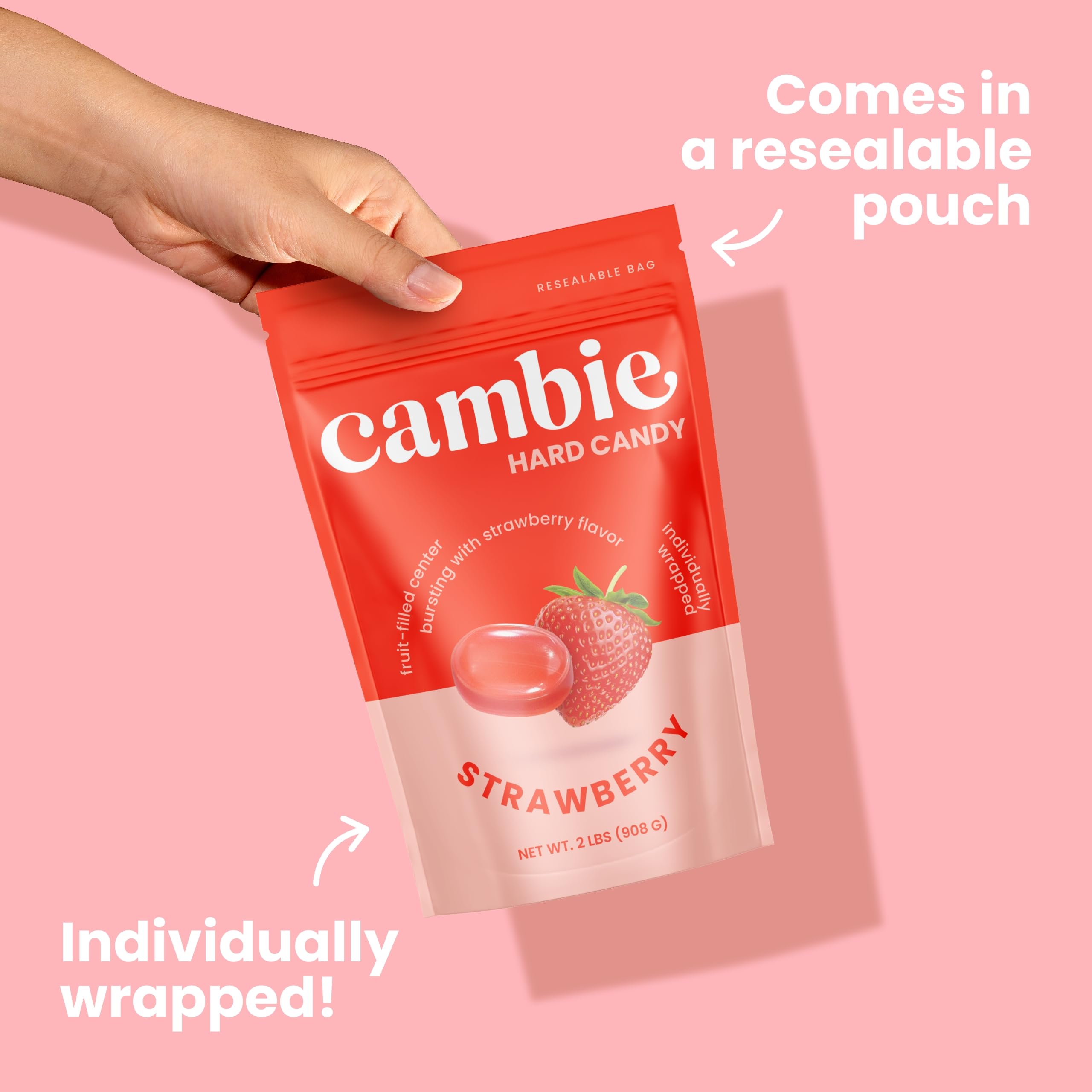 Strawberry Hard Candy Individually Wrapped – Cambie Bulk Candy with Fruit-Filled Center, 2 lbs Bon Bons for Piñata Filler, Candy Bags, Party Favors