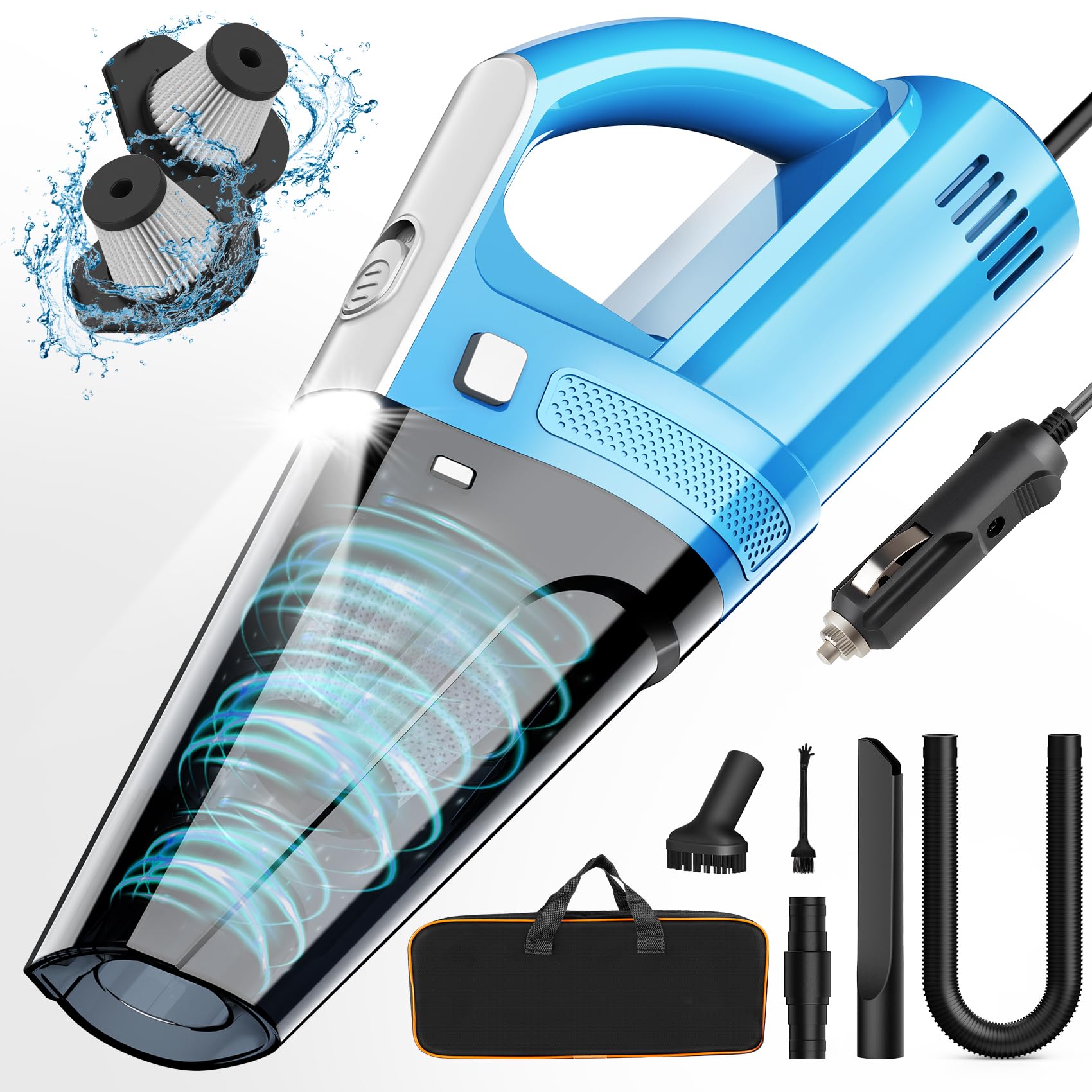 DRECELL Car Vacuum, Portable Car Vacuum Cleaner with 7000PA Suction, DC 12V High Power 16.4Ft Cord Wired Vacuum Cleaner for Car, LED Light, Lightweight, 0.33L Capacity, Storage Bag, Black, VC008C