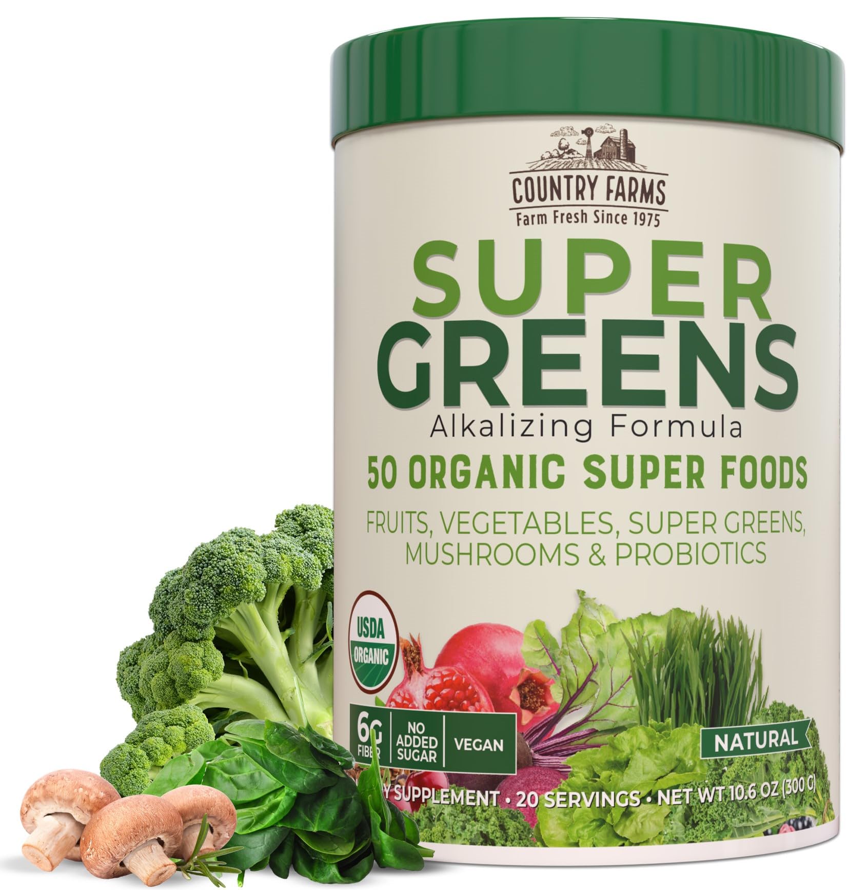 COUNTRY FARMS Super Greens Natural Flavor, 50 Organic Super Foods, USDA Organic Drink Mix, Fruits, Vegetables, Super Greens, Mushrooms & Probiotics, Supports Energy, 20 Servings, 10.6 Oz
