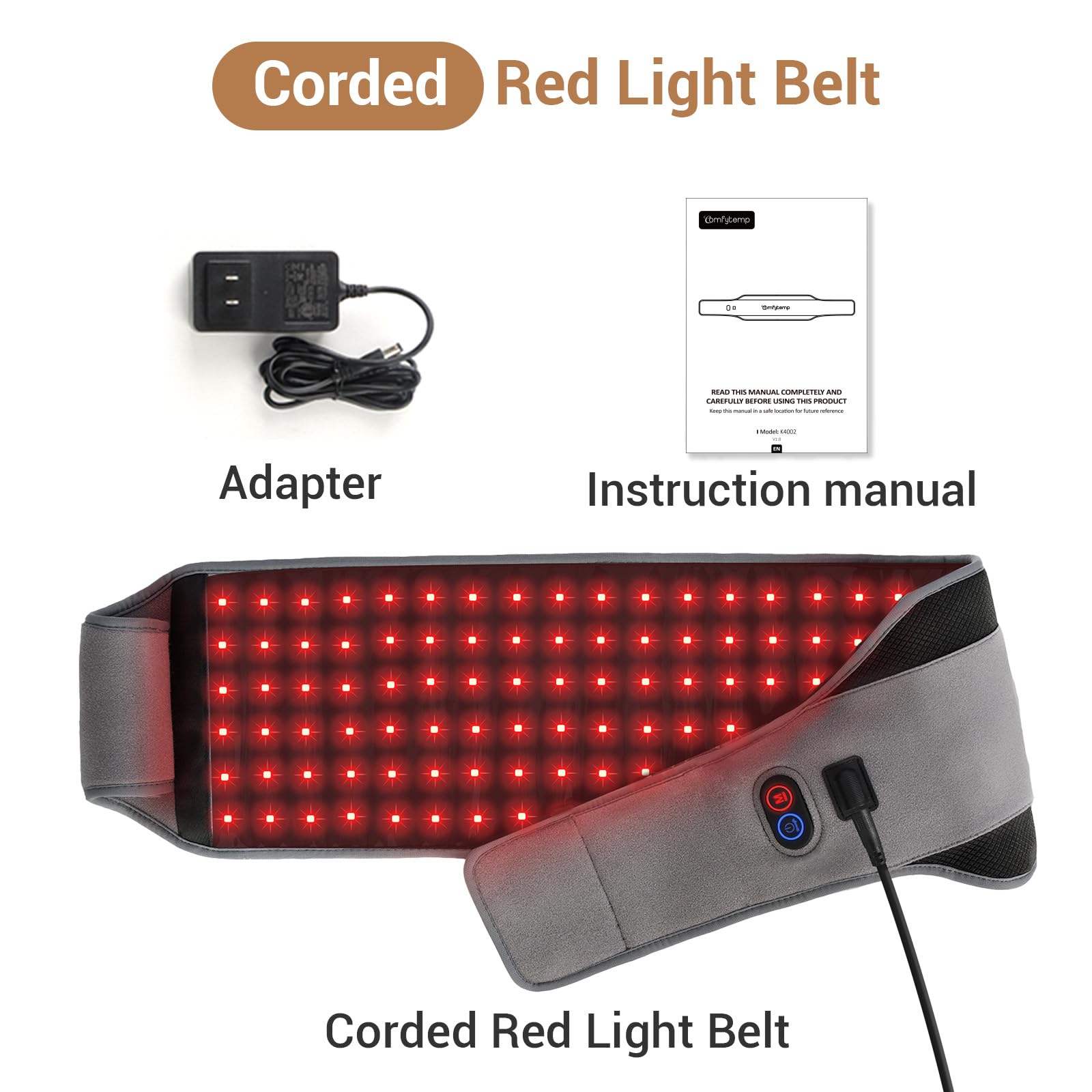 Comfytemp Red Light Therapy Belt with 126 LEDs, Infrared Red Light Therapy for Body, 660nm & 850nm, 22W Light Wrap with Timer for Back Waist Belly Joint Muscle Pain Relief(Corded)