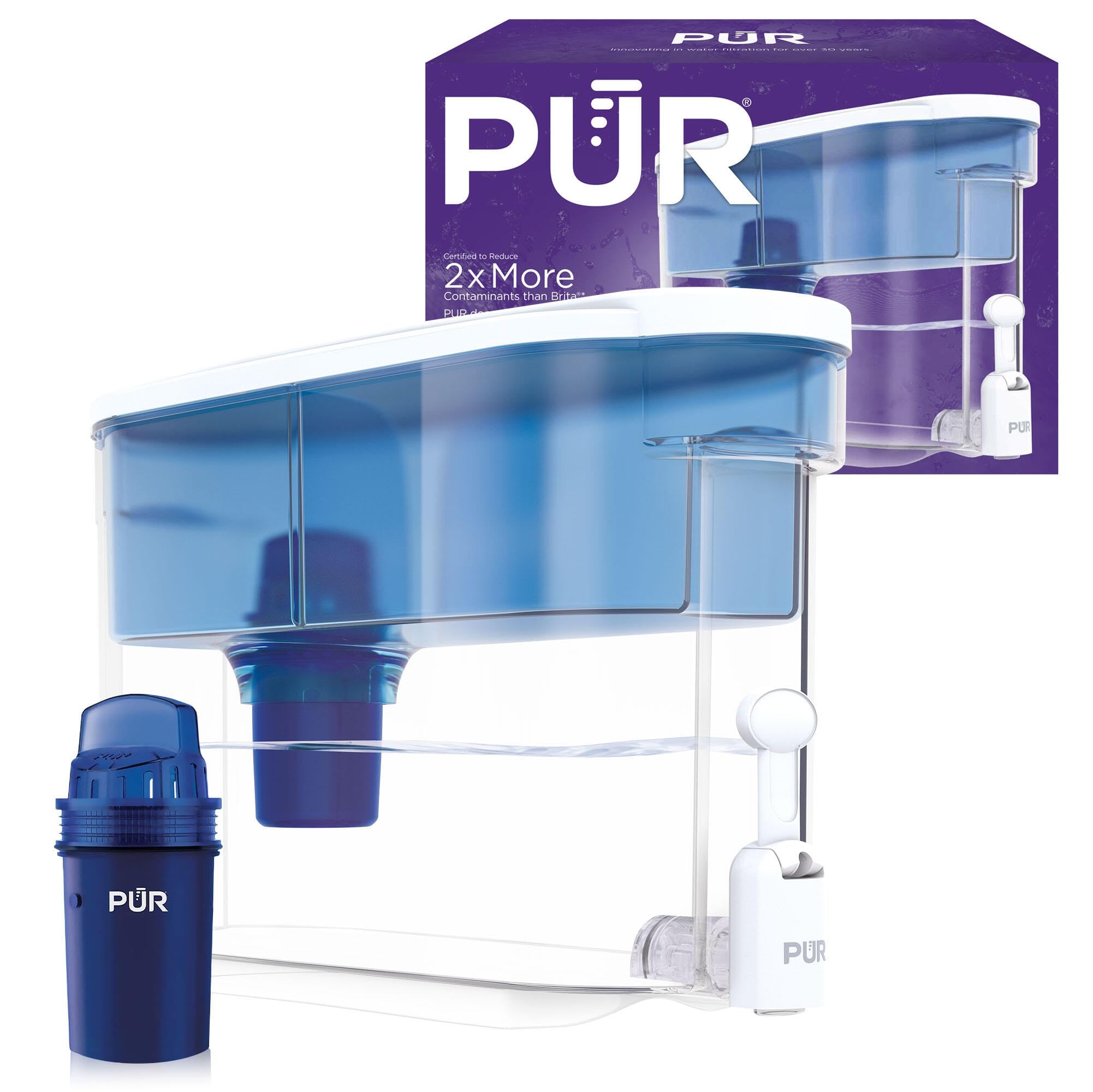 PUR 30 Tassen Tischwasserfilter-Spender, 1 Original PUR Filter, 2-in-1 Leistungsstarke Filtration, Hält 2 Monate oder 150 Liter, Spülmaschinenfest, Weiß/Blau (DS1800Z)