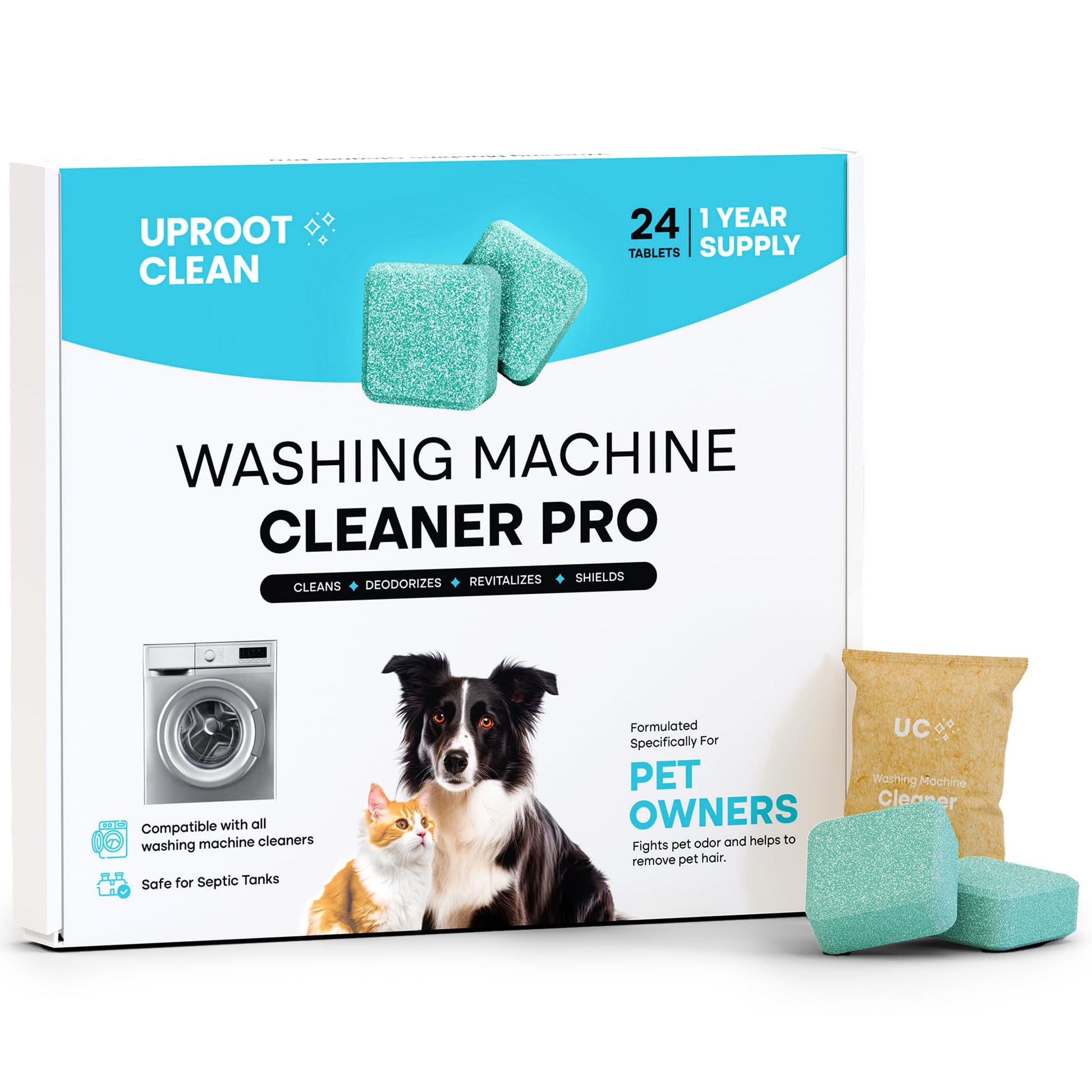 Uproot Clean Washing Machine Cleaner Tablets - 24 Pack for a 12 Month Supply. Formulated for Pet Owners. Compatible with HE, Top & Front Load. Easily Removes Residue, Grime, and Odors. Septic Safe.