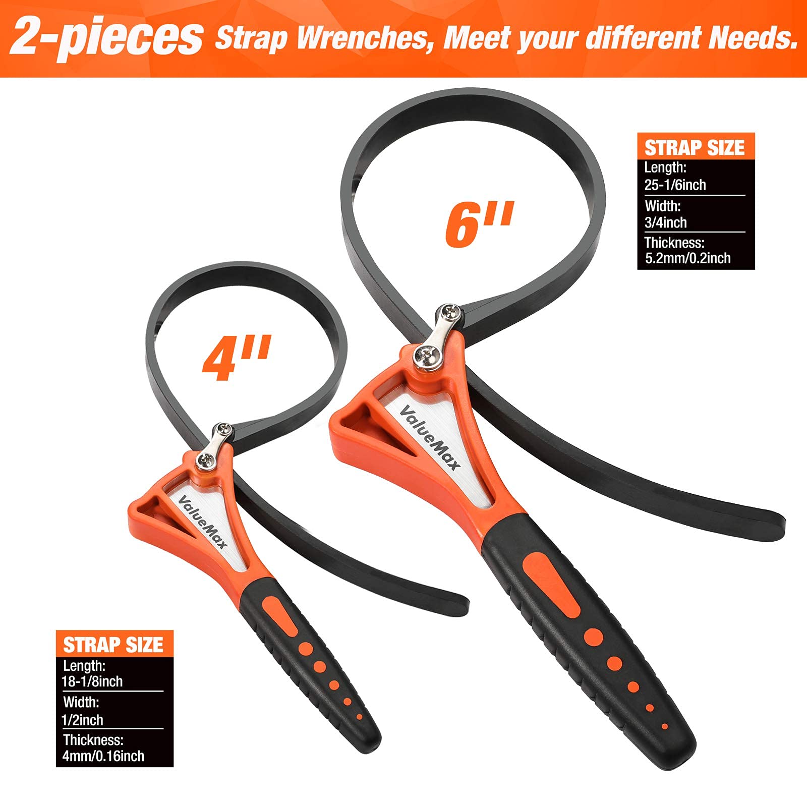 ValueMax 2-piece Strap Wrench Set, Adjustable Oil Filter Wrench with Max Diameter 4" (Small) and 6"(Large) for Shower Head Water Filter, Jar Opener Set