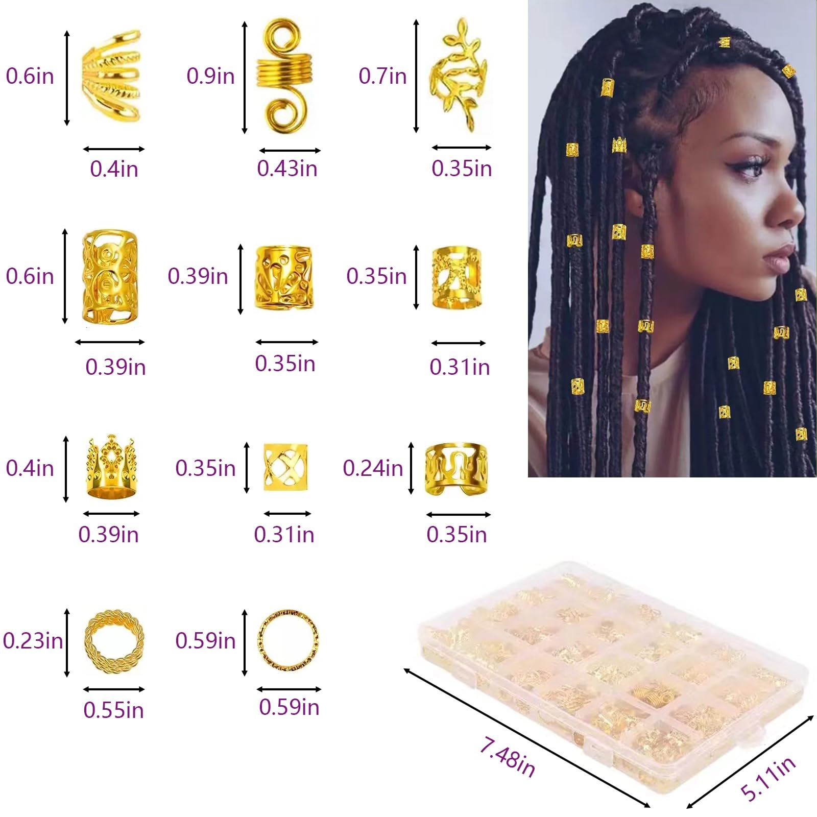 Tuefuzy 280 Pcs Gold Hair Jewelry Braid, Hair Accessory, Hair Dreadlock Accessory Braid, Metal Gold Braids Rings Cuffs Clips for Dreadlock Accessory Jewelry Decorations