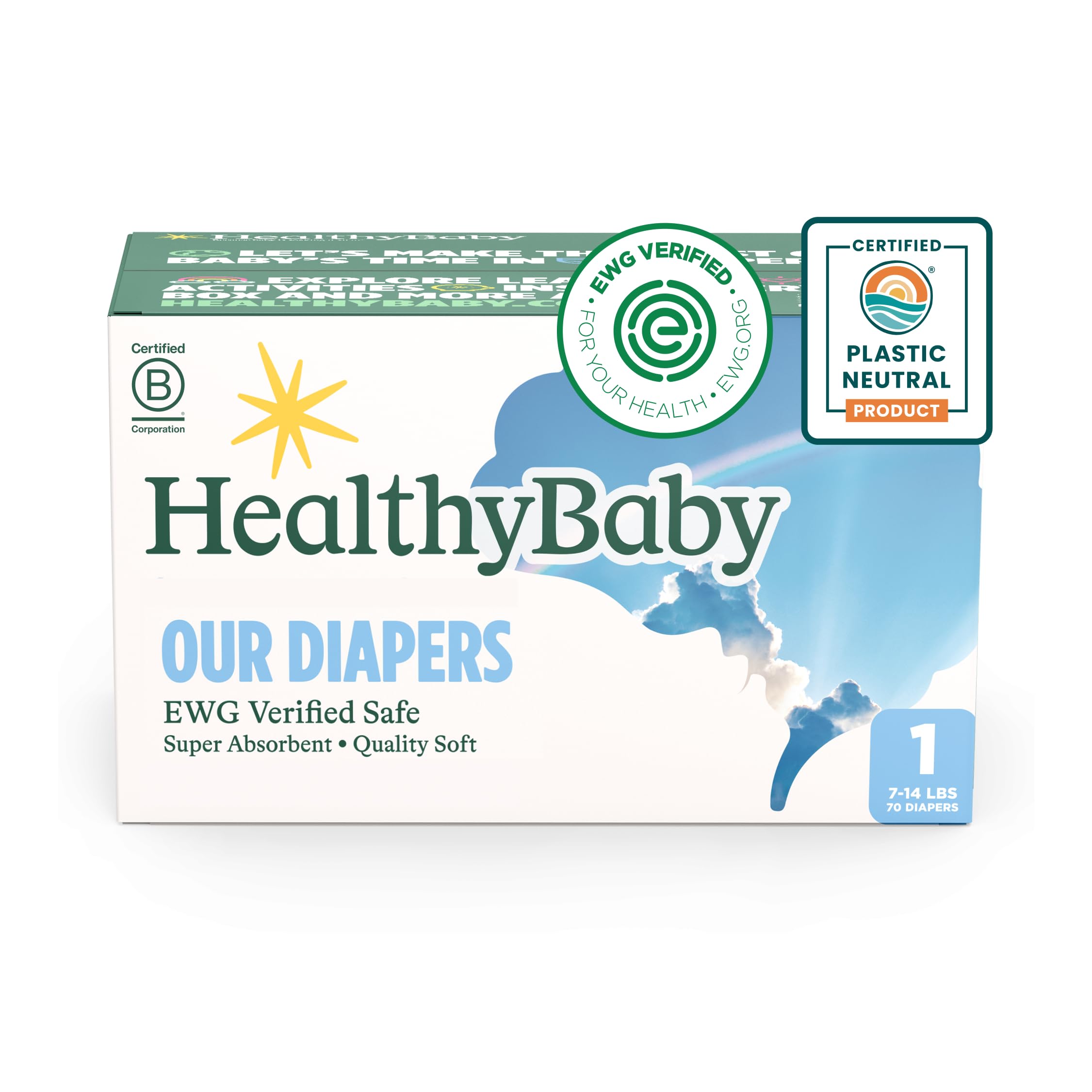 HealthyBaby Our Diapers | EWG Verified Safe & Plant-Based Diapers | Leak Protection | Soft Organic Cotton Shell | Chlorine-Free Diaper for Sensitive Skin | Size 1 (7-14lbs) 70 Count