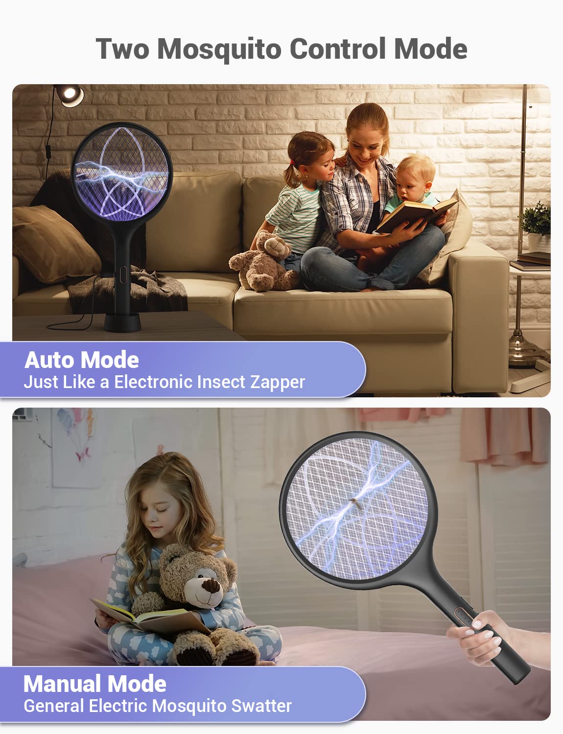 YISSVIC Electric Fly Swatter Bug Zapper Racket Dual Modes Mosquito Killer with Purple Mosquito Light Rechargeable for Indoor Home Office Backyard Patio Camping