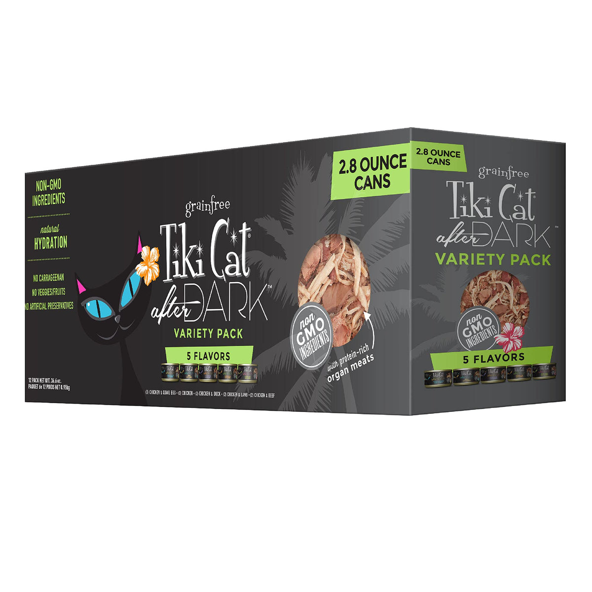 Tiki Cat After Dark, Vielfaltspackung, proteinreich und zu 100 % gentechnikfreie Inhaltsstoffe, Nassfutter für erwachsene Katzen, 2,8 oz (ca. 79 g) Dosen (12 Stück)
