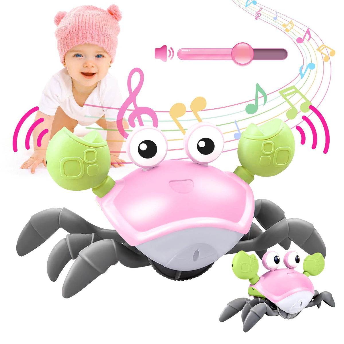Plnmlls Krabbelkrebs Baby Spielzeug – Bauchzeit-Spielzeug – mit Musik und LED-Licht, integriertem Akku und ausschaltbarer Lautstärke für 0-6 6-12 12-18 36 Monate Kleinkind, Geburtstagsgeschenk (Pink)