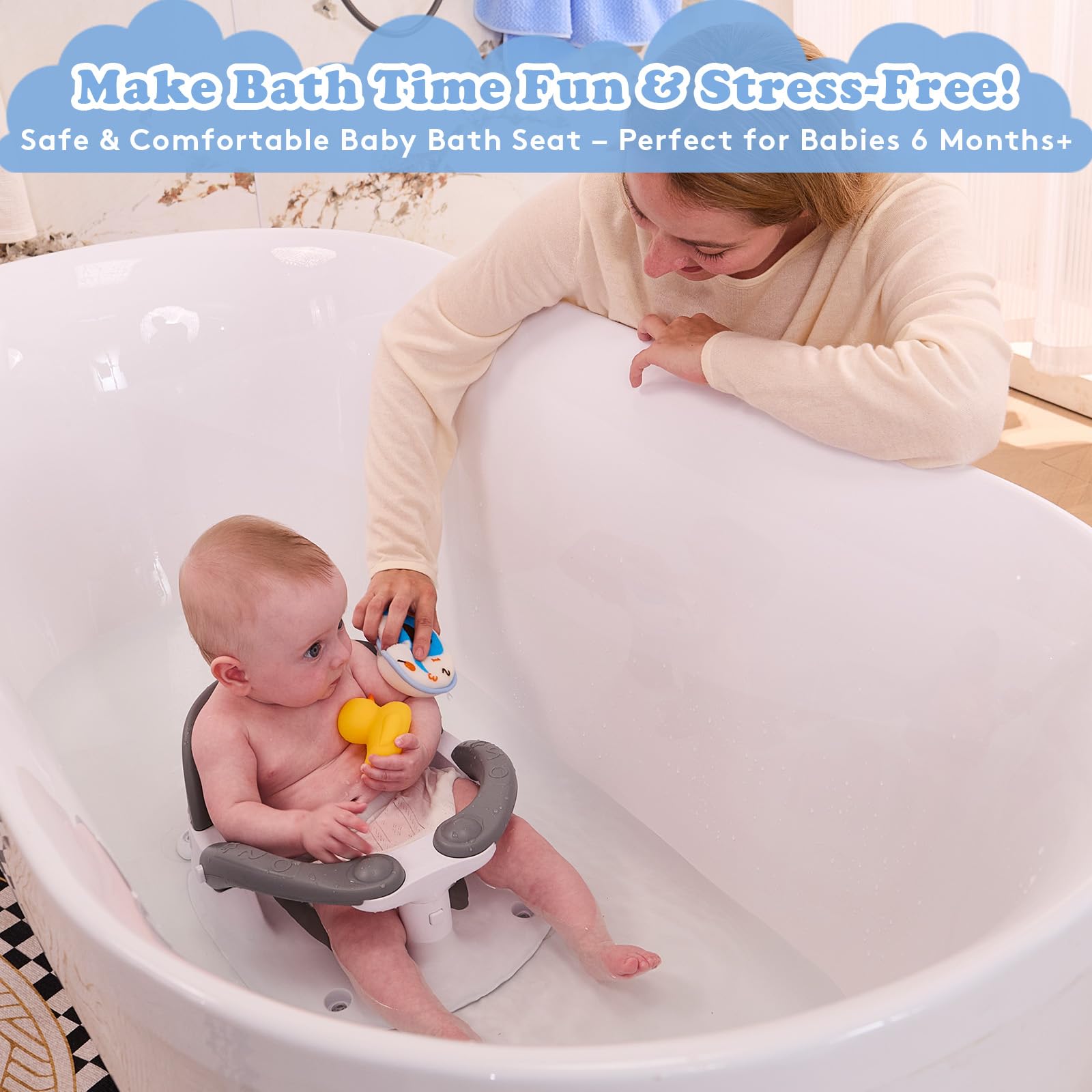 NFSVLB Baby Bath Seat for Babies 6 Months & Up Sitting Up with Temperature Alert+Soft Cushion+Suction Cup,Infant Bath Seat for Baby Bath Chair Toddler Bath seat for Bathtub Tub Shower Grey