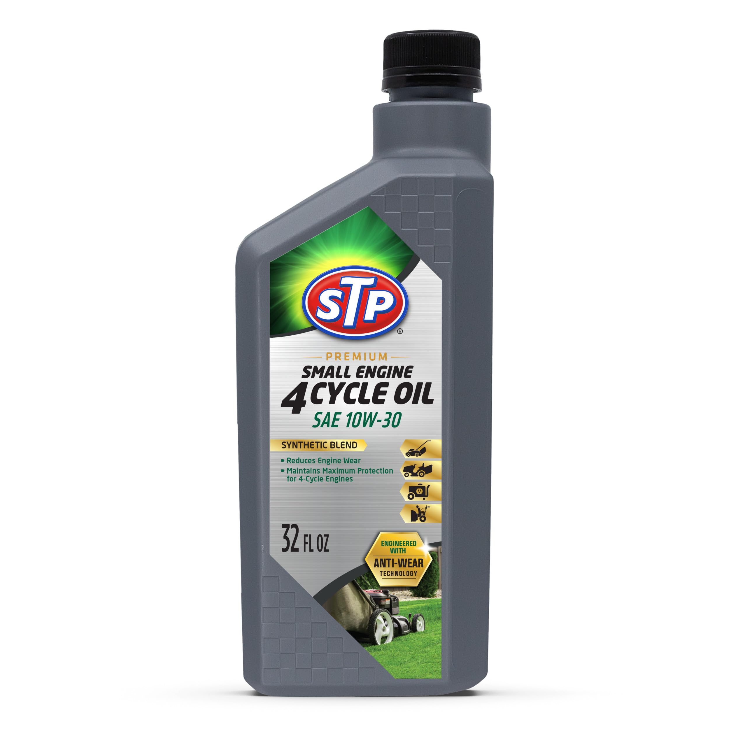 تركيبة زيت المحركات الصغيرة رباعية الأشواط الممتازة من STP، زيت المحركات الصغيرة SAE10W-30، تركيبة العناية بالمحركات تقلل التآكل لماكينات جز العشب، جزازات العشب اليدوية، الجرارات، 32 أونصة، STP