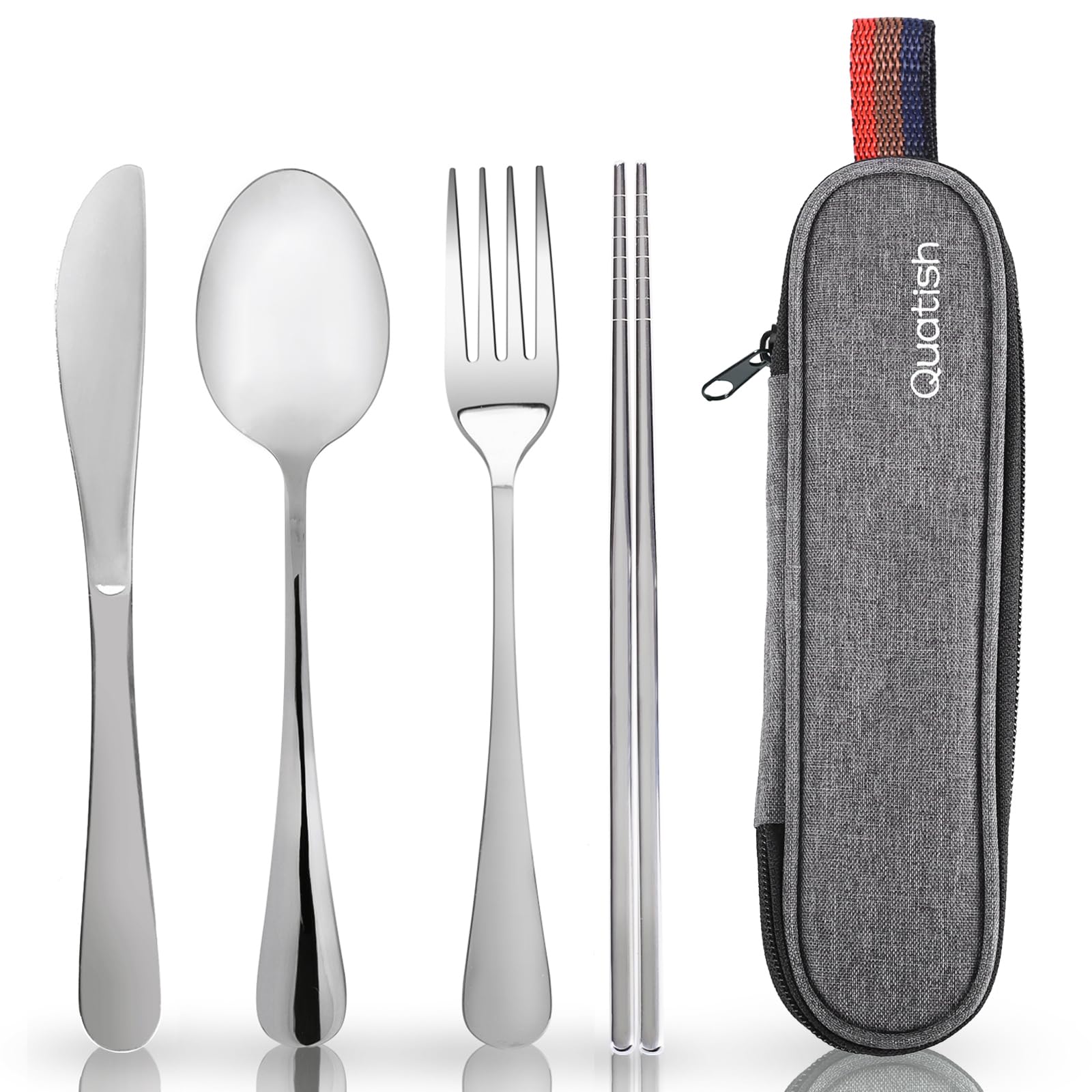 Travel Utensils with Case, Quatish Portable Silverware Set for Work, Stainless Steel Reusable Travel Cutlery Set, Fork and Spoon Set for Camping, Picnic, Gadgets, Lunch Box for Men, Black
