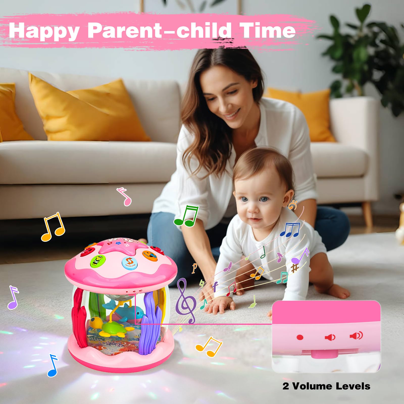 Aboosam Baby Girl Toys 6-12 Months: Babies Ocean Rotating Light Up Musical Toys 12-18 Months Crawling Learning Infant Toy for Toddlers 1 2 3 Years Old Baby Girl Gifts (Pink)