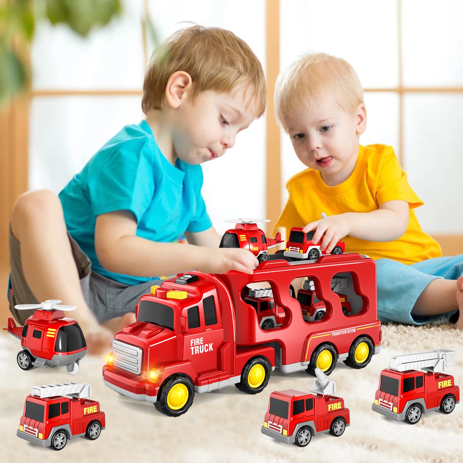 Bennol Toddler Trucks Toys for Boys Age 1-3 3-5, 5 in 1 Fire Car Truck for Girls 1 2 3 4 5 6 Years Old, Christmas Birthday Gift Car Sets with Light Sound