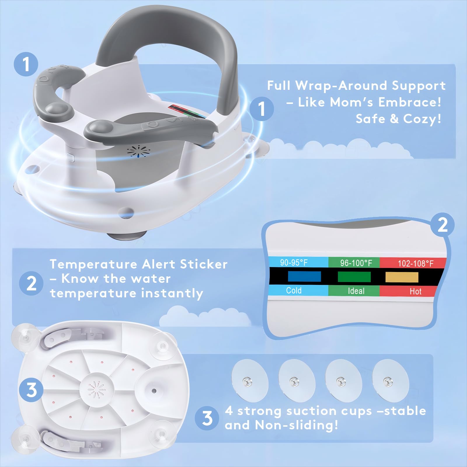 NFSVLB Baby Bath Seat for Babies 6 Months & Up Sitting Up with Temperature Alert+Soft Cushion+Suction Cup,Infant Bath Seat for Baby Bath Chair Toddler Bath seat for Bathtub Tub Shower Grey