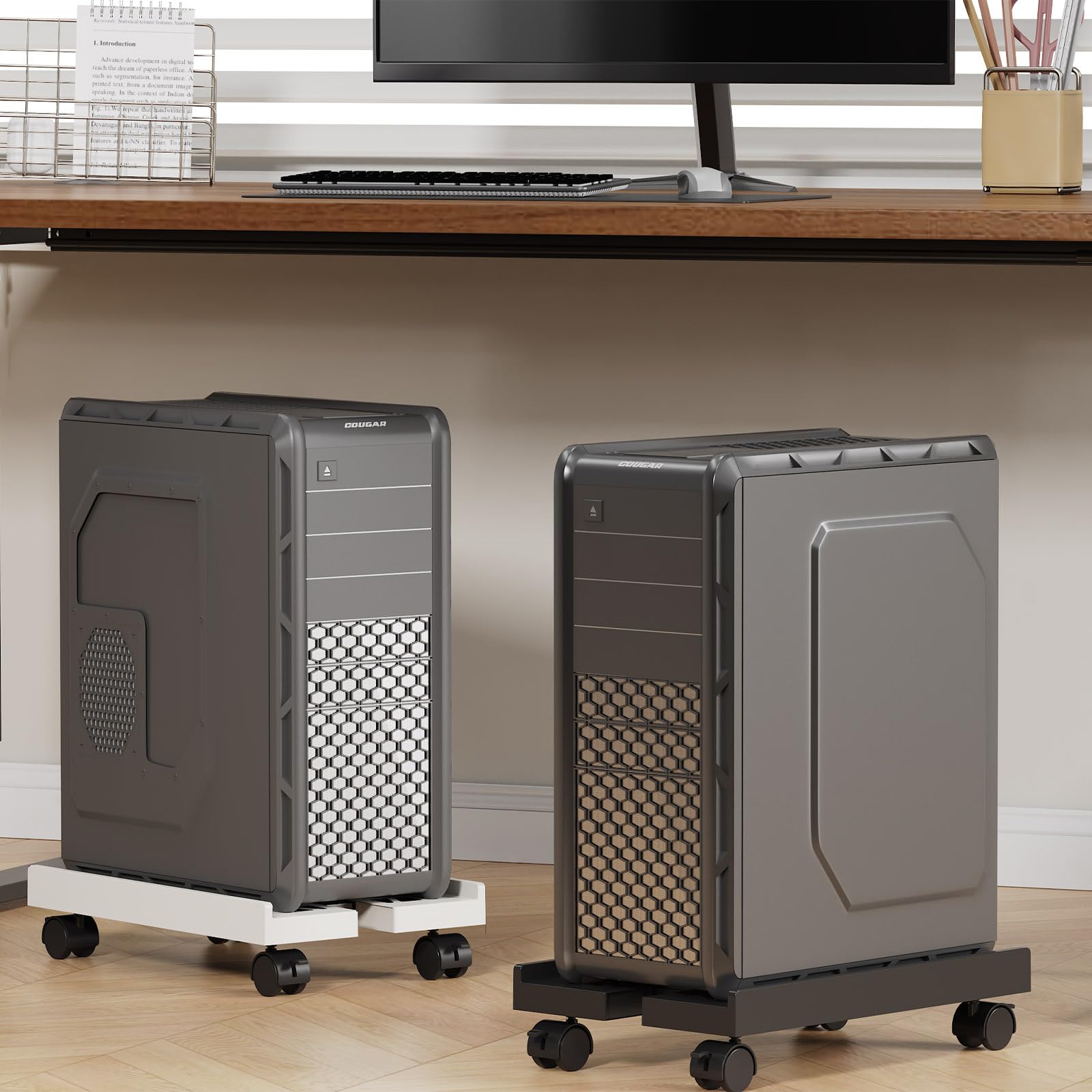 Adjustable Mobile CPU Stand, Ventilated Computer Tower Stand with 4 Caster Wheels Fits Most PC Tower, Under Desk CPU Holder PC Floor Cart Computer Riser for Gamers and Students (Black)